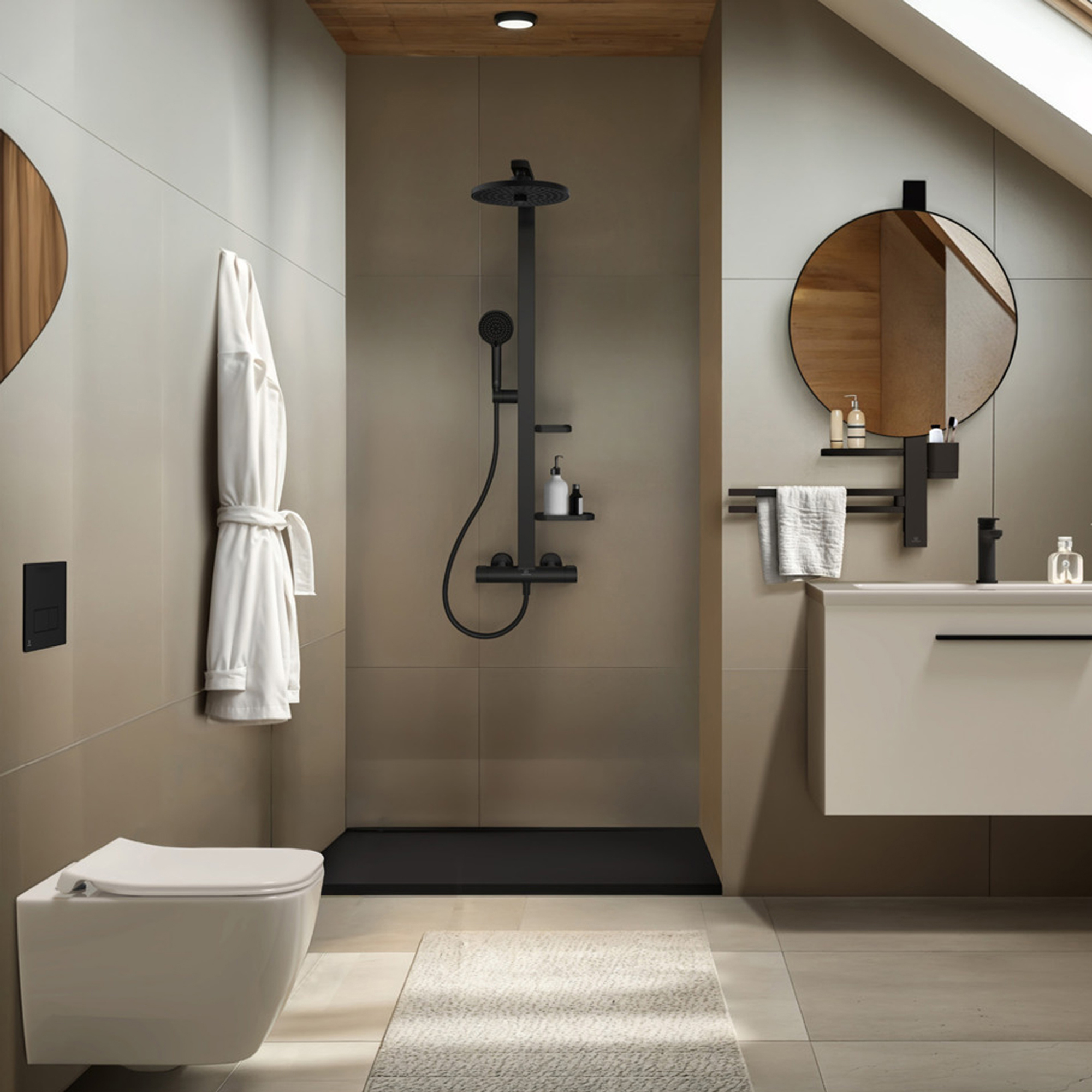 Ideal Standard Ceratherm Alu+ Exposed Thermostatic Shower Kit with Multi-Function Shower Head, Handset & 2 Shelves