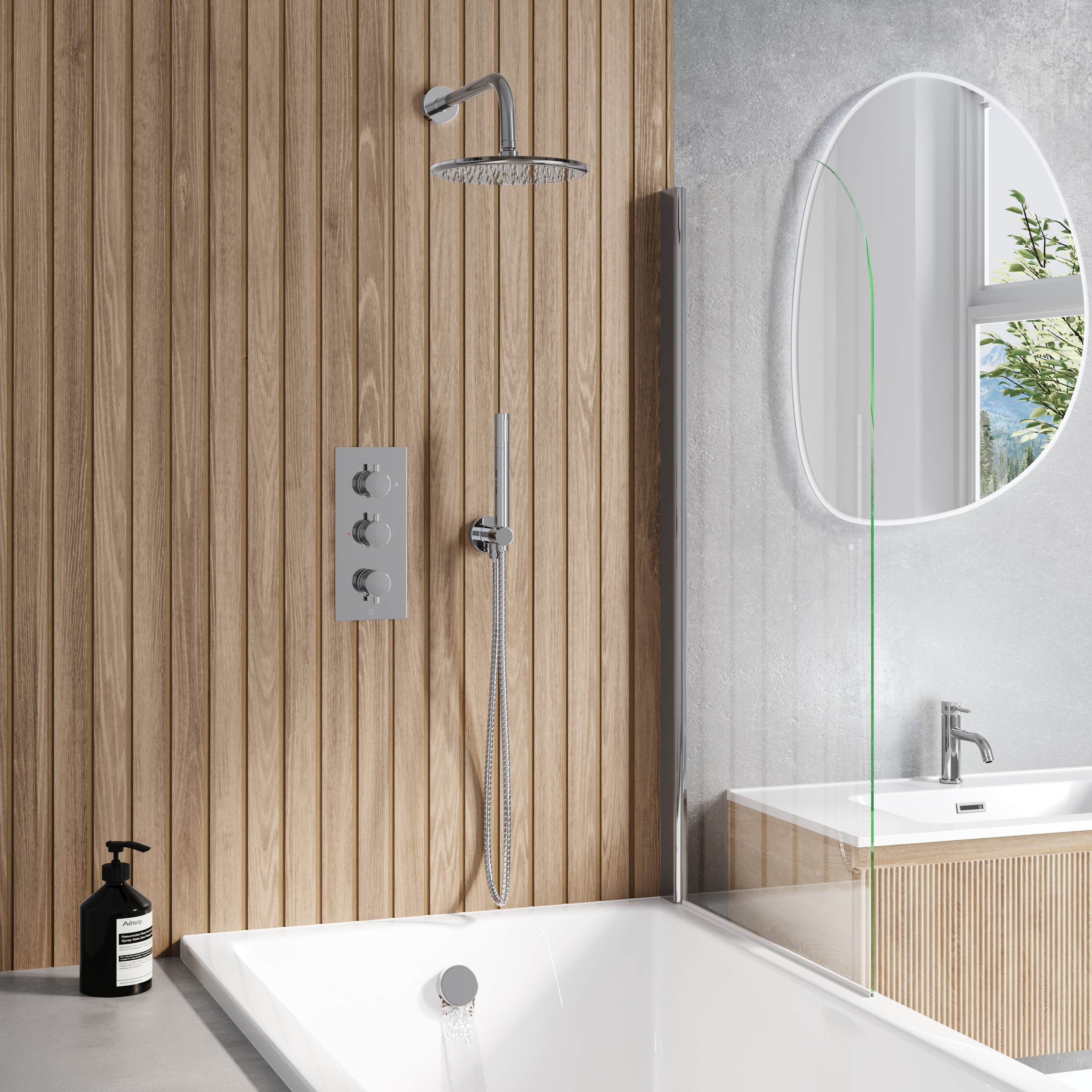 Core Shower Package with 3 Outlet Valve, Fixed Shower Head, Kit & Overflow Bath Filler