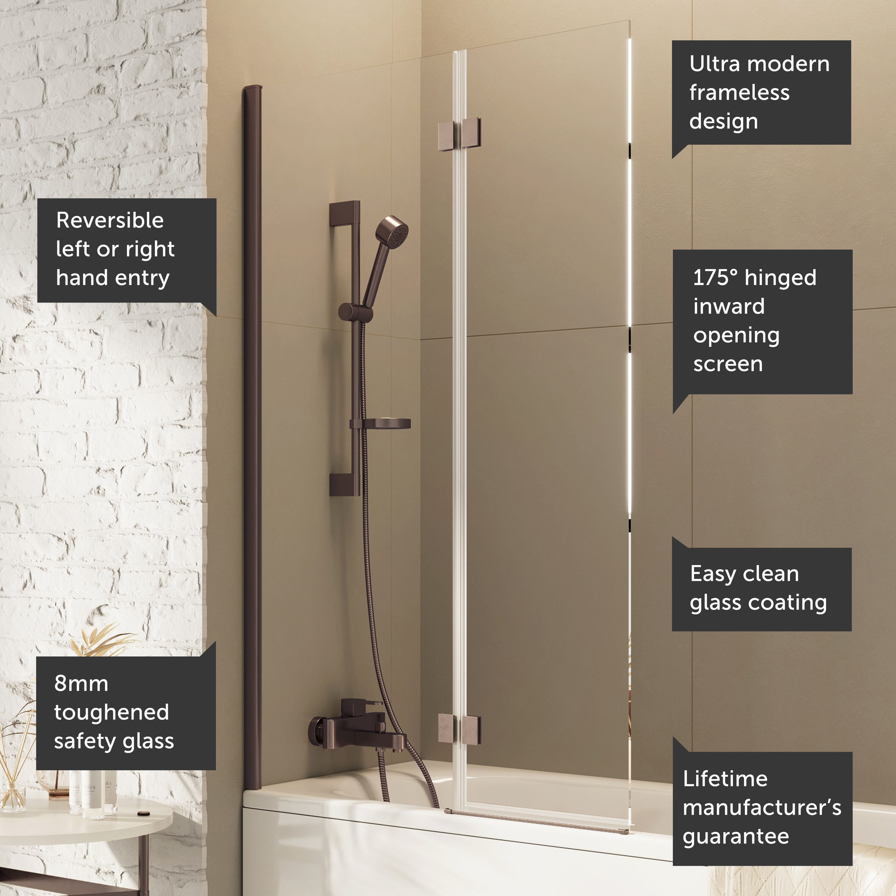 Harbour i8 Easy Clean 8mm Inward Hinged Bath Screen with Fixed Inline Panel - 1500 x 900mm