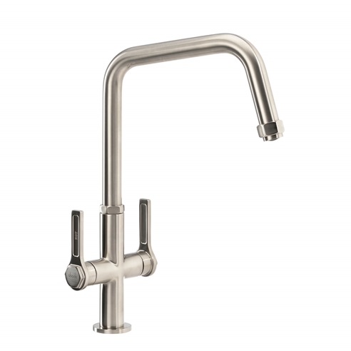 Abode Hex Industrial Twin Lever Mono Kitchen Mixer Tap - Brushed Nickel