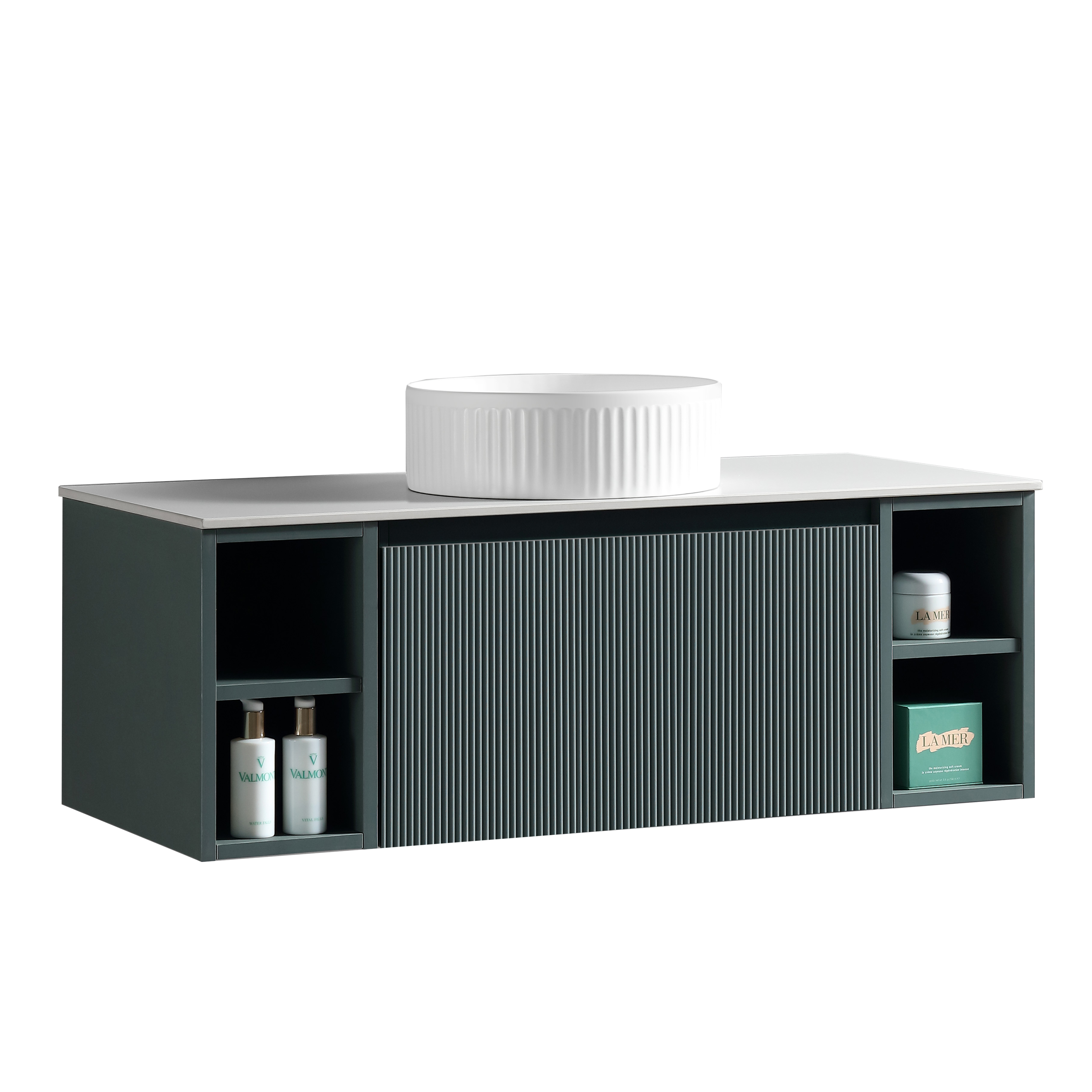 Drench Groove 1000mm Fluted Wall Hung Vanity Unit with Open Shelves & Sintered Stone Countertop