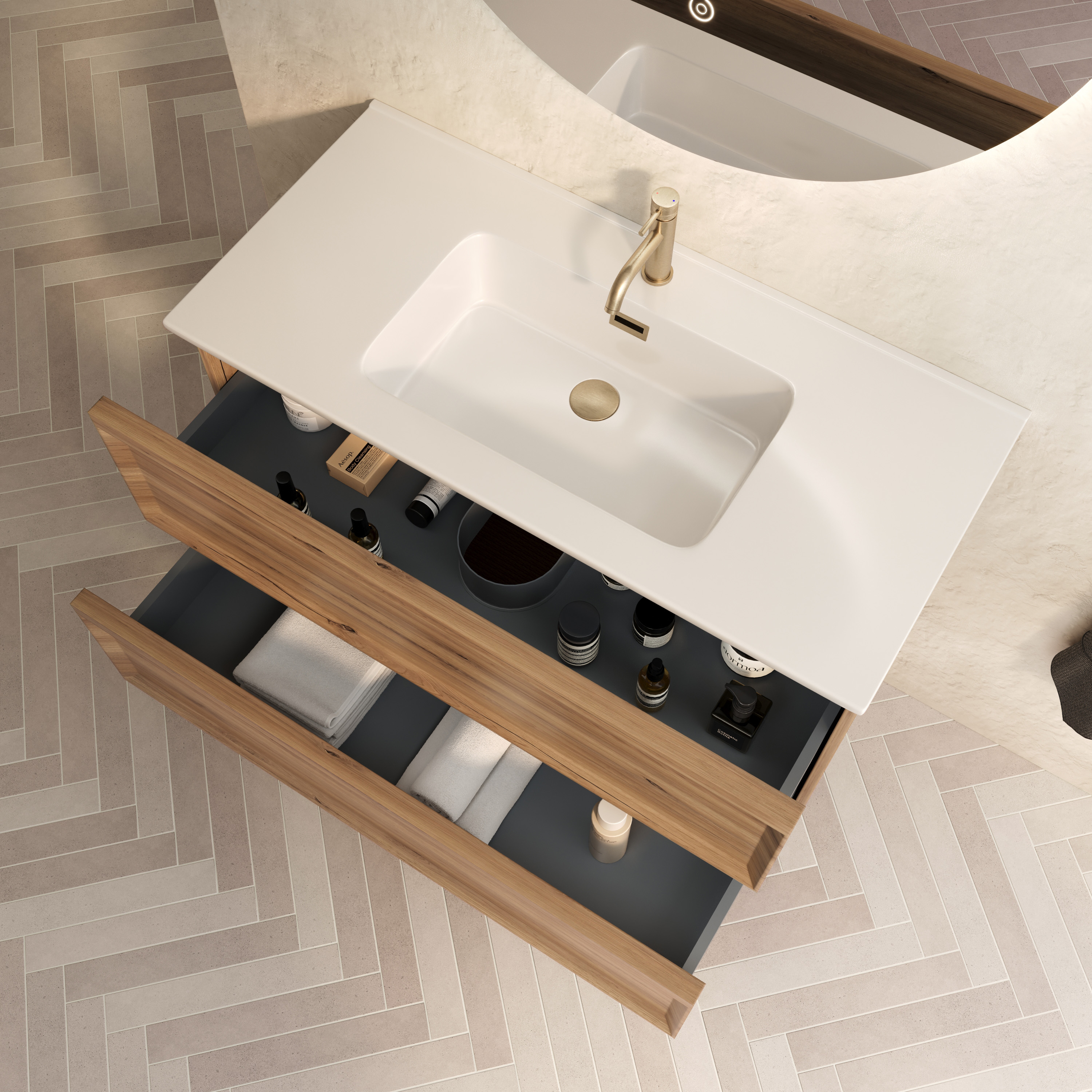 Aura 1000mm Wall Mounted Natural Oak Vanity Unit & Matt White Basin