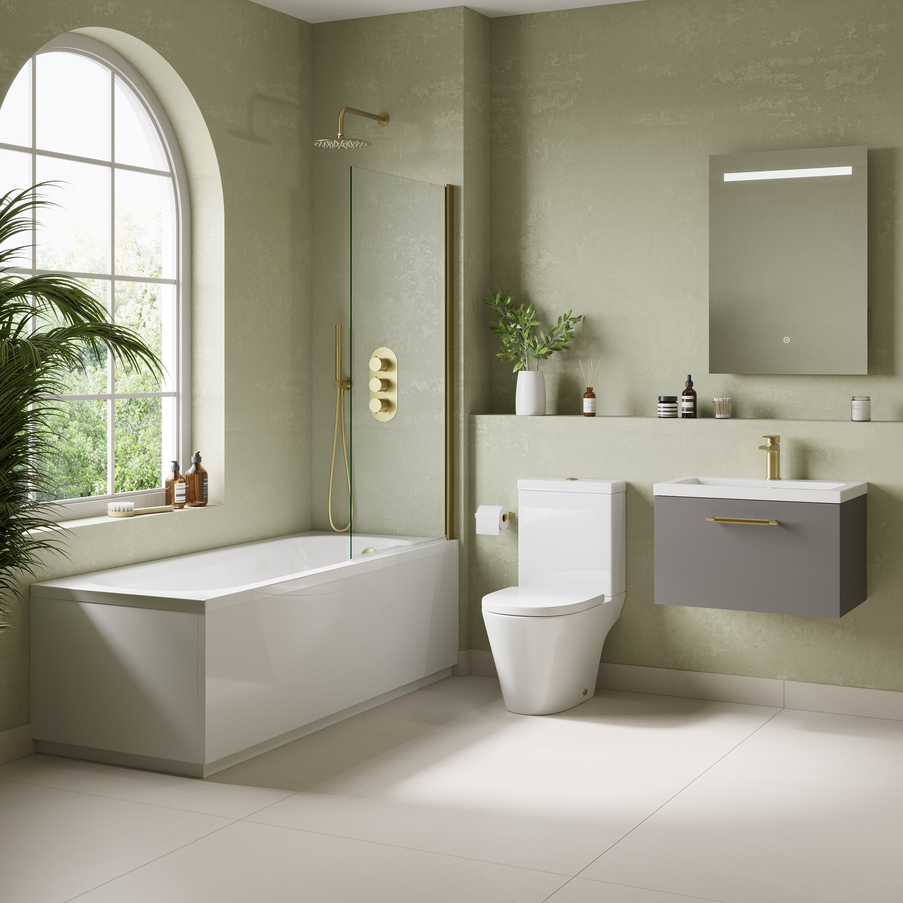 Freddie Brushed Brass Reinforced Shower Bath Suite with Rimless Toilet