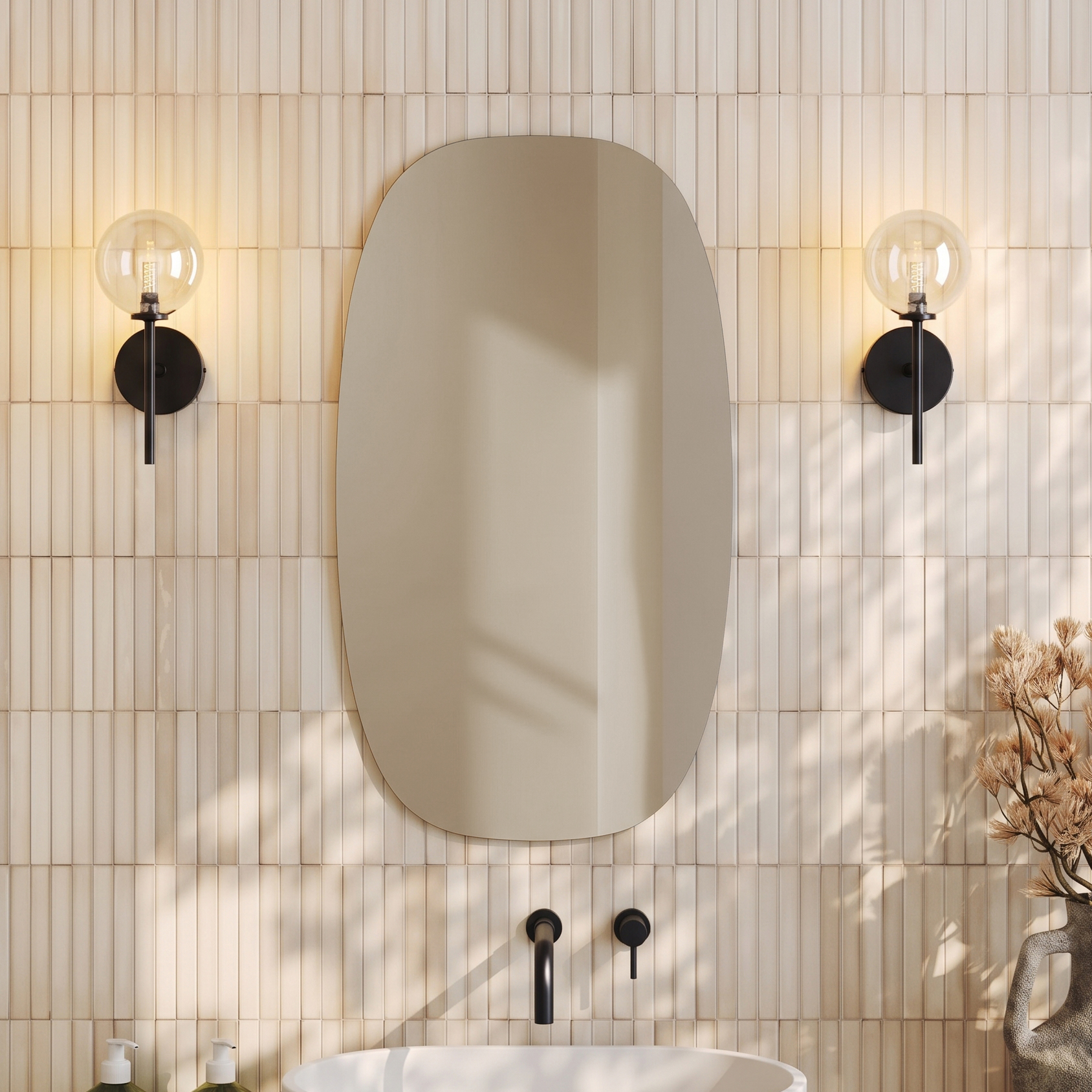 Arc Barrel Mirror with Set Of 2 Glass Globe Wall Lights
