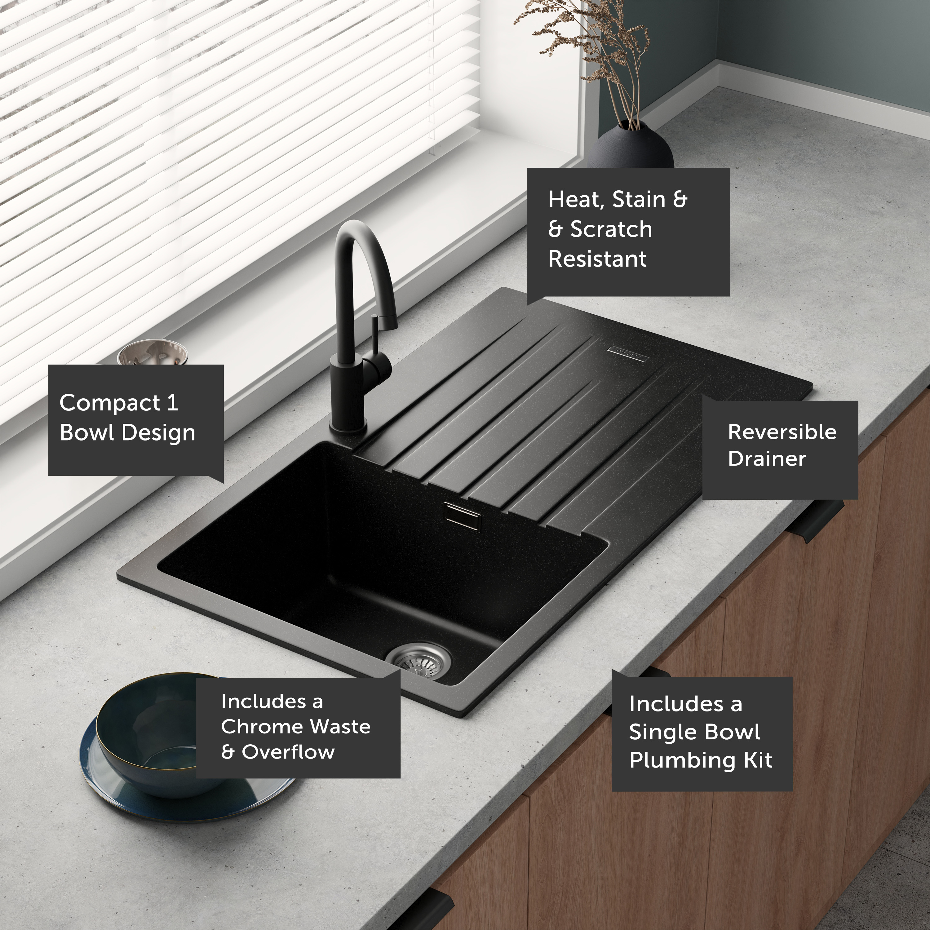 Vellamo Horizon Compact 1 Bowl Granite Composite Kitchen Sink & Waste - 860 x 500mm