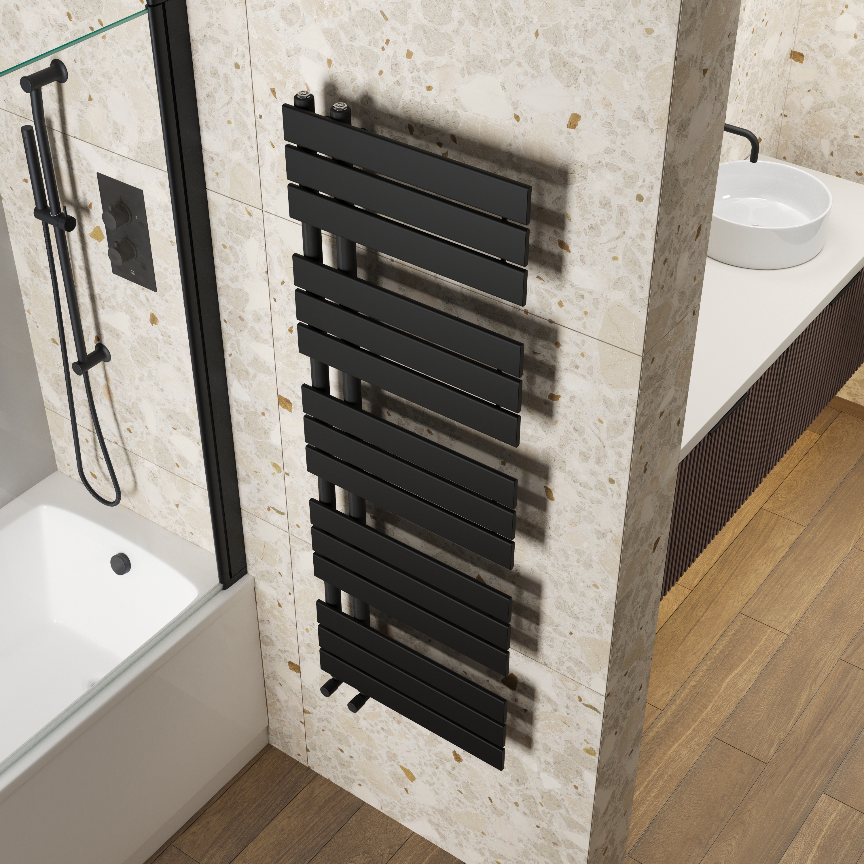 Toasty Haven Matt Black Flat Panel Offset Heated Towel Rail - 1290 x 500mm