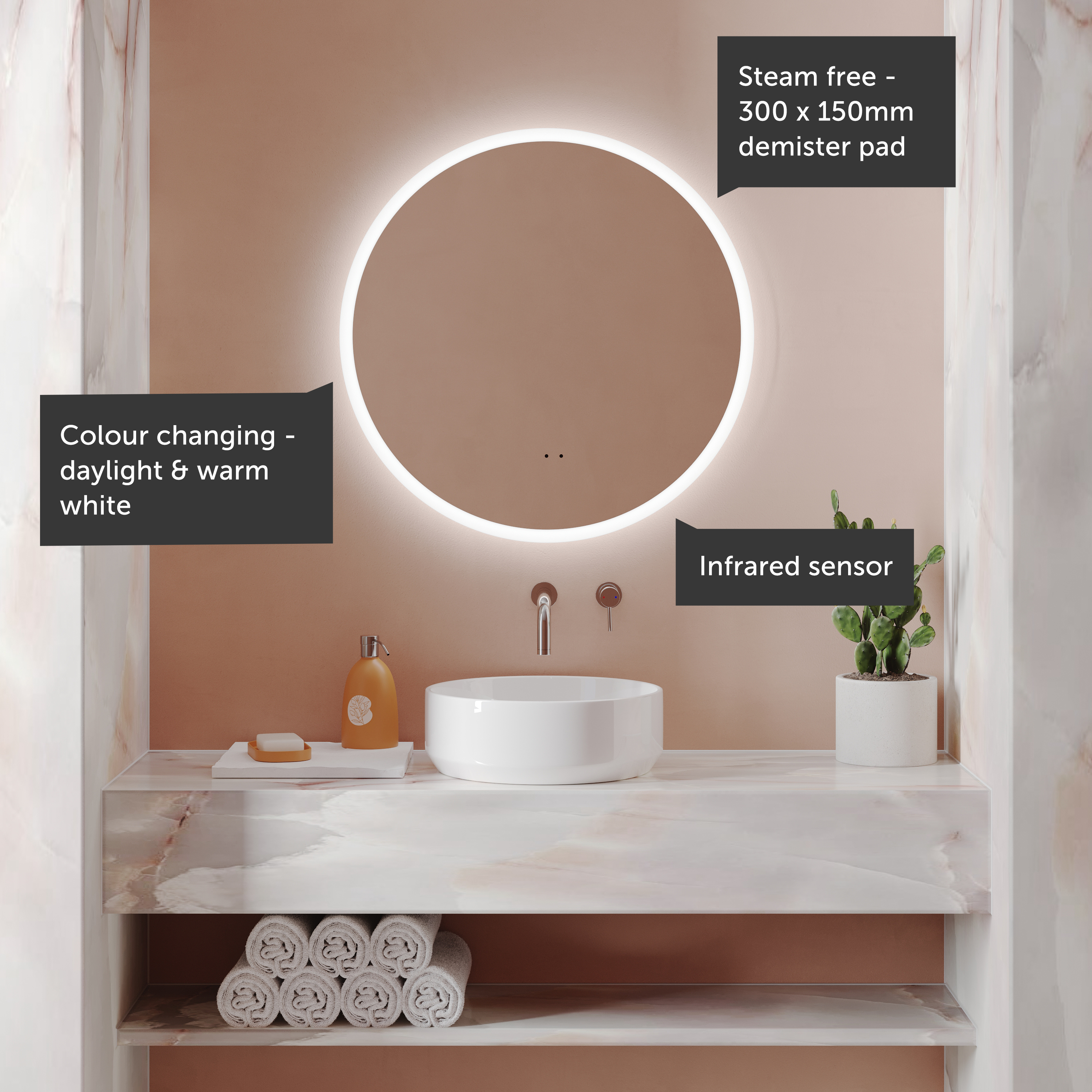 Harbour Glow Round LED Bathroom Mirror with Demister Pad 600mm Tap