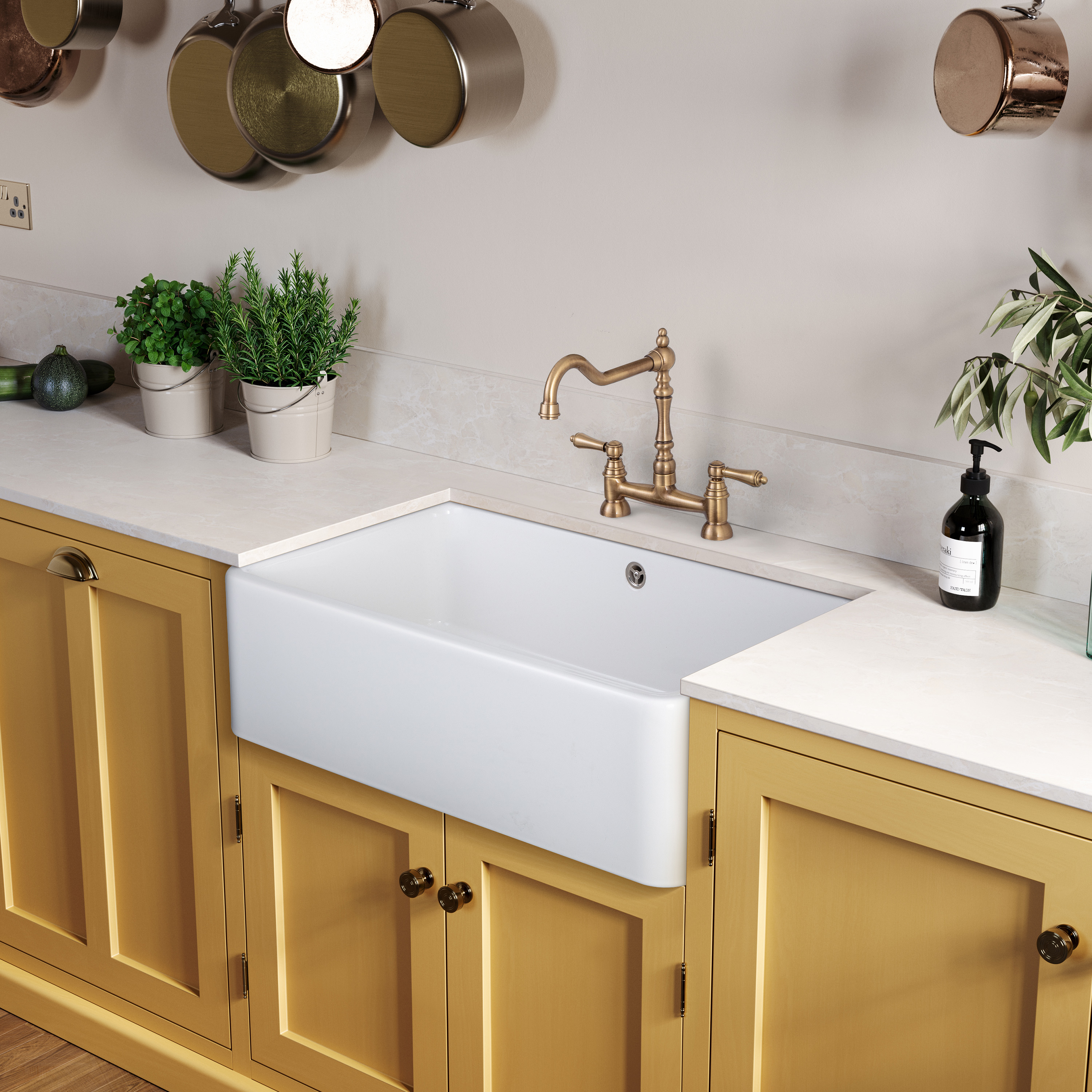 Rangemaster Farmhouse 1 Bowl White Fireclay Ceramic Belfast Sink & Waste Kit - 795 x 460mm
