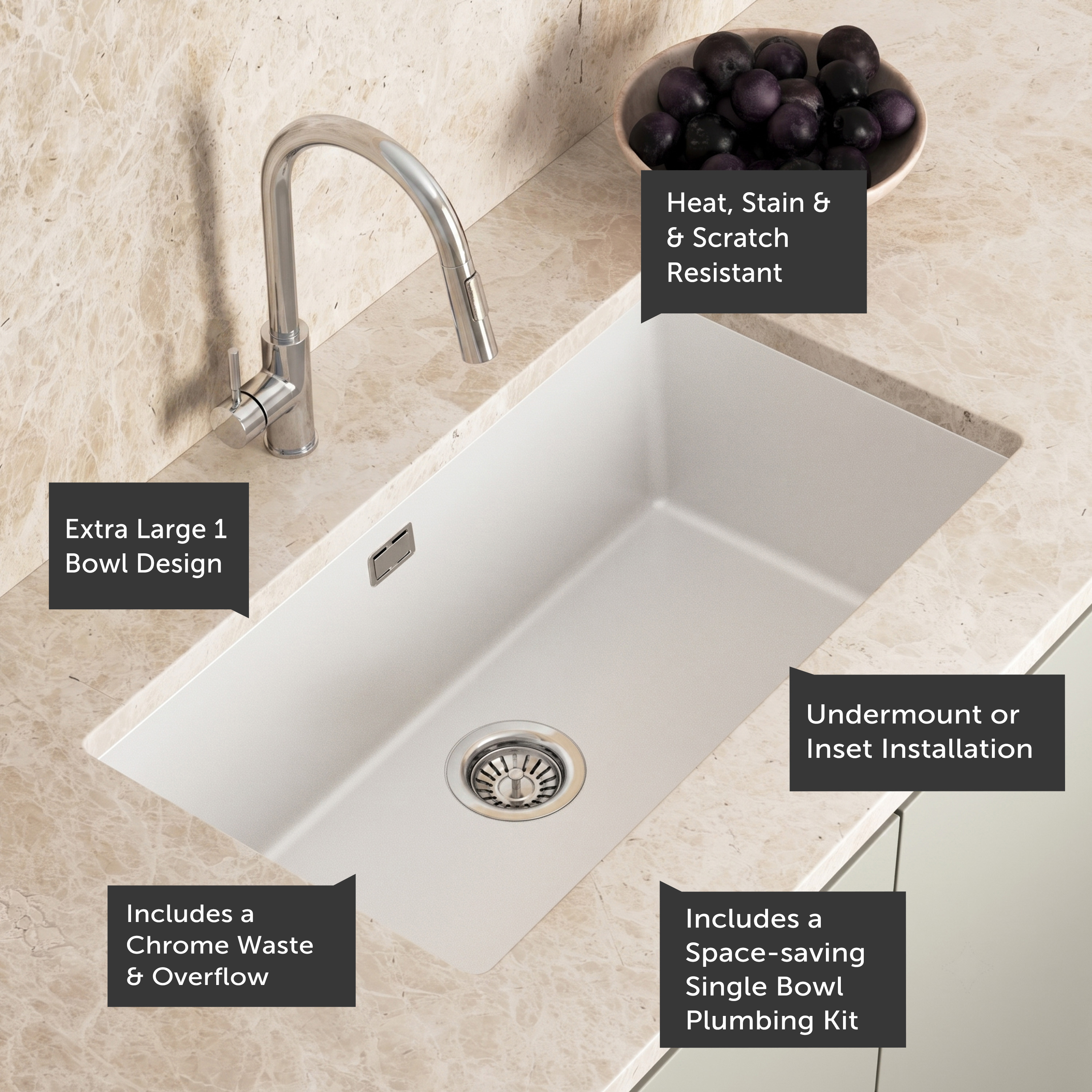 Vellamo Terra XL 1 Bowl Granite Composite Inset / Undermount Kitchen Sink & Waste - 774 x 434mm
