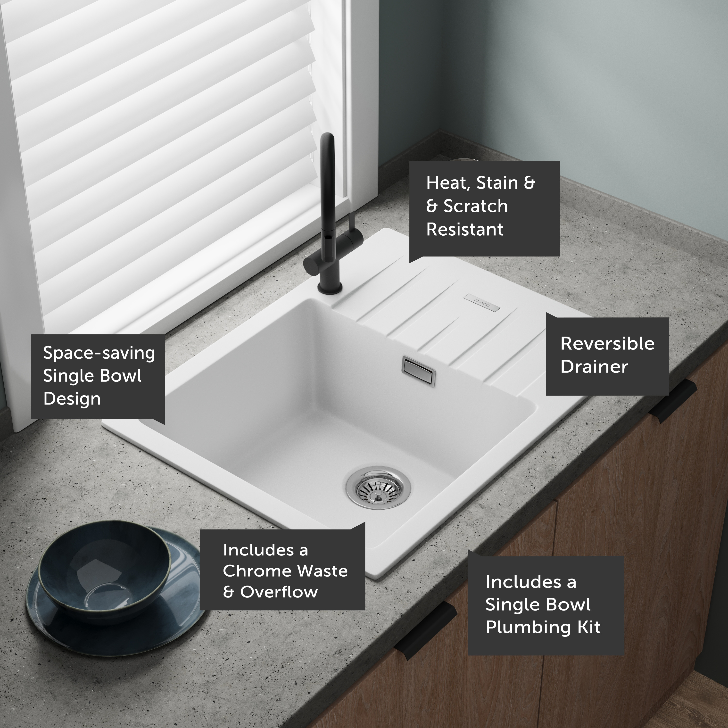 Vellamo Horizon 1 Bowl Granite Composite Inset Kitchen Sink & Waste - 650 x 500mm