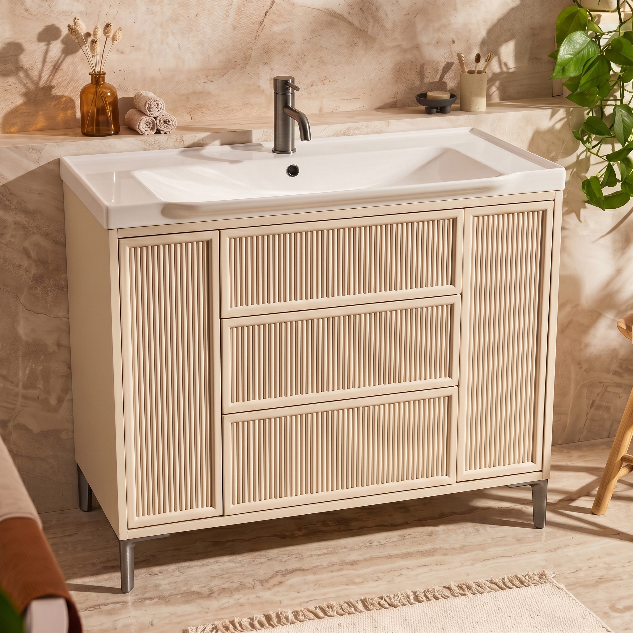 Elara 1000mm Floorstanding Stone Fluted Vanity Unit & Basin with Leg Set