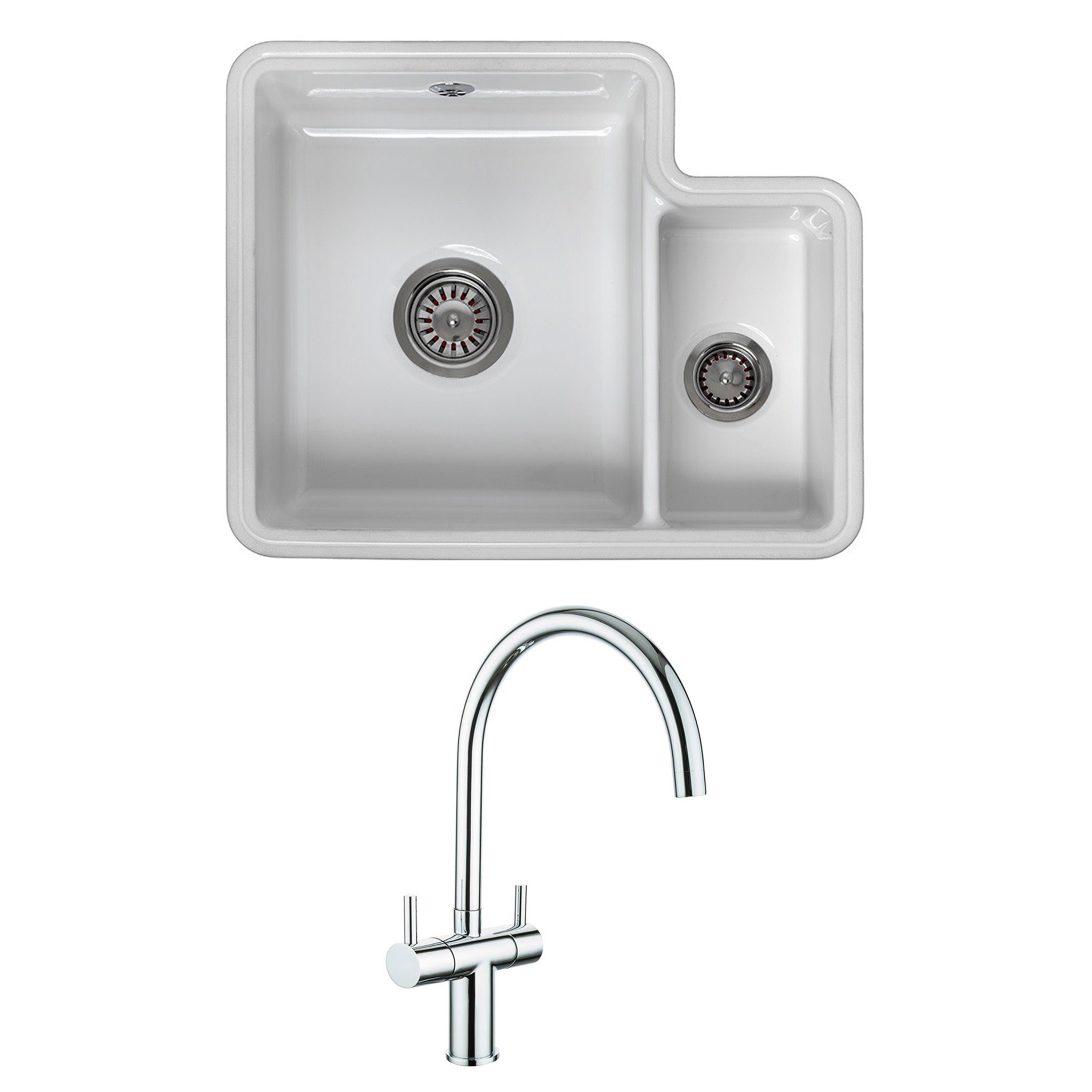 Reginox Tuscany 1.5 Bowl Undermount Ceramic Sink & Waste Kit and Vellamo Caspian Dual Lever Mono Kitchen Mixer
