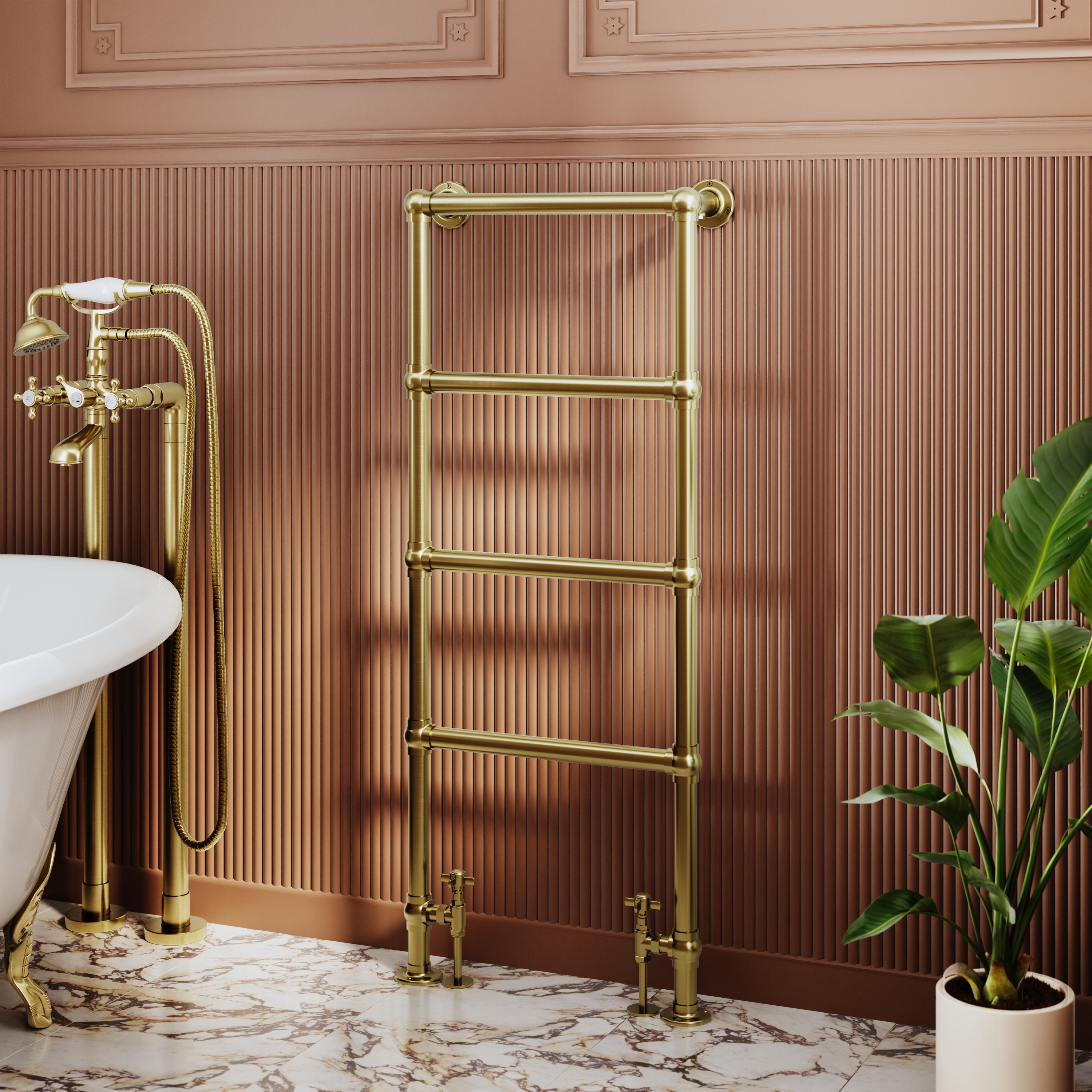 Toasty Merrin Brushed Brass Floorstanding Traditional Heated Towel Rail - 1195 x 500mm