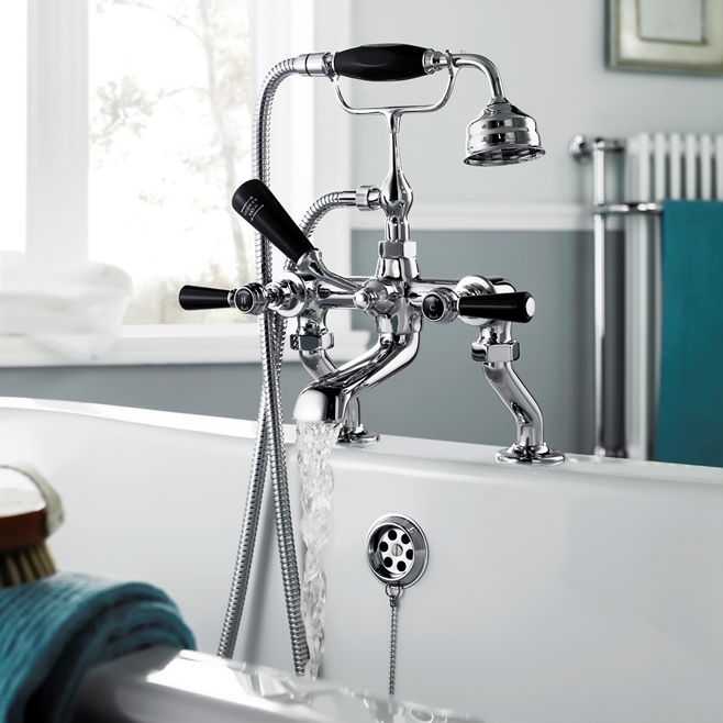 Hudson Reed Black Topaz Lever Deck Mounted Bath Shower Mixer with Handset Kit & Hexagonal Collars