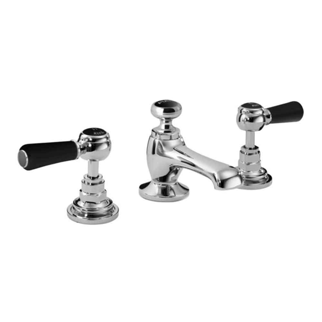 Hudson Reed Black Topaz Lever 3 Tap Hole Basin Mixer With Hexagonal Collars & Pop-up Waste