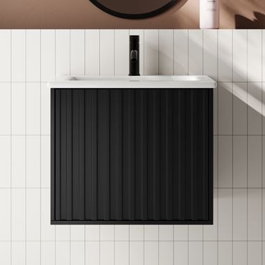 Billy 600mm Wall Hung Vanity Unit with Fluted Drawer Front & Basin - Matt Black