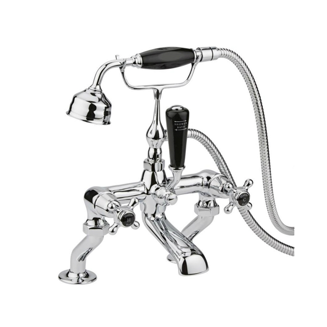 Hudson Reed Black Topaz Crosshead Deck Mounted Bath Shower Mixer with Handset Kit & Dome Collars