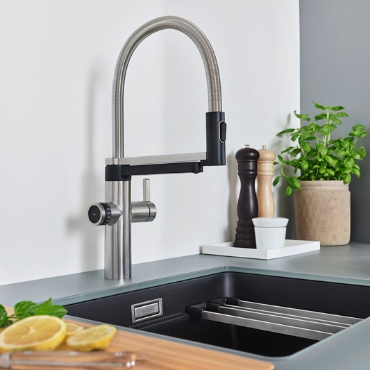 Blanco Evol-S 3-in-1 PVD Steel Smart Measure Filtered Cold Water Mono Kitchen Mixer Tap with Dual Spray