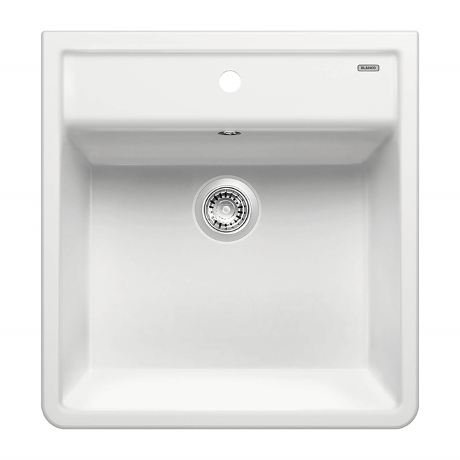 Blanco Panor 1 Bowl Crystal Gloss White Wall Mounted Belfast Ceramic Kitchen Sink & Waste with Tap Ledge - 600 x 630mm