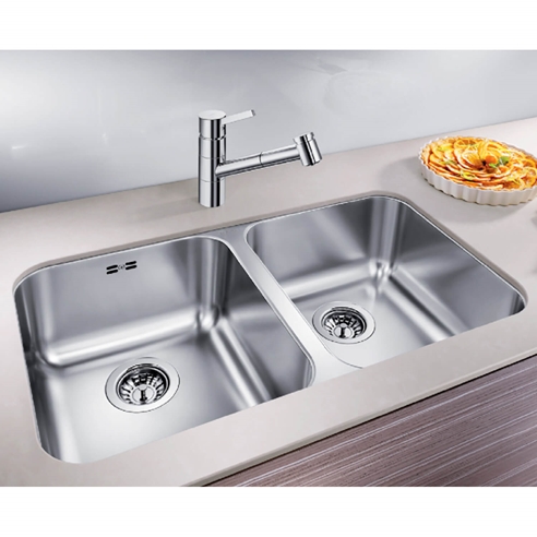 Blanco Supra 340/340-U Double Bowl Undermount Brushed Stainless Steel Kitchen Sink & Waste - 765 x 450mm
