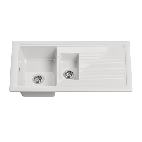 Butler & Rose 1.5 Bowl White Ceramic Kitchen Sink with Reversible Drainer - 1010mm x 525mm