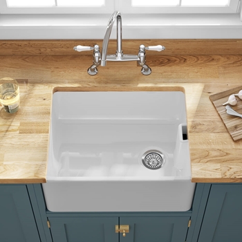 Butler & Rose Ceramic Fireclay Belfast Traditional Kitchen Sink with Weir Overflow & Basket Strainer Waste - 595 x 455mm