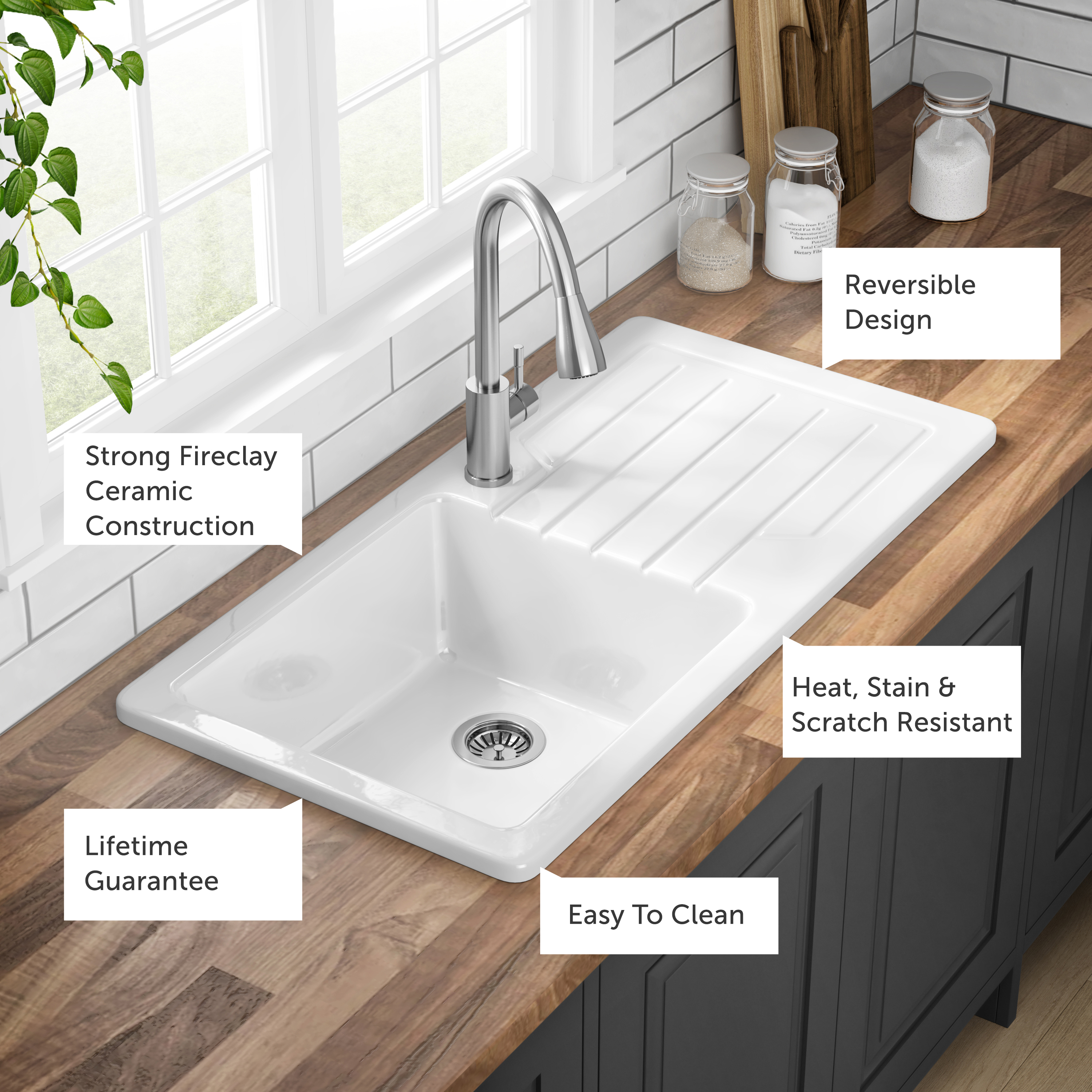 Butler & Rose Farmhouse 1 Bowl White Ceramic Kitchen Sink with ...