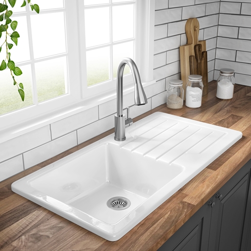 Butler & Rose Farmhouse 1 Bowl White Ceramic Kitchen Sink with Reversible Drainer - 1000 x 500mm