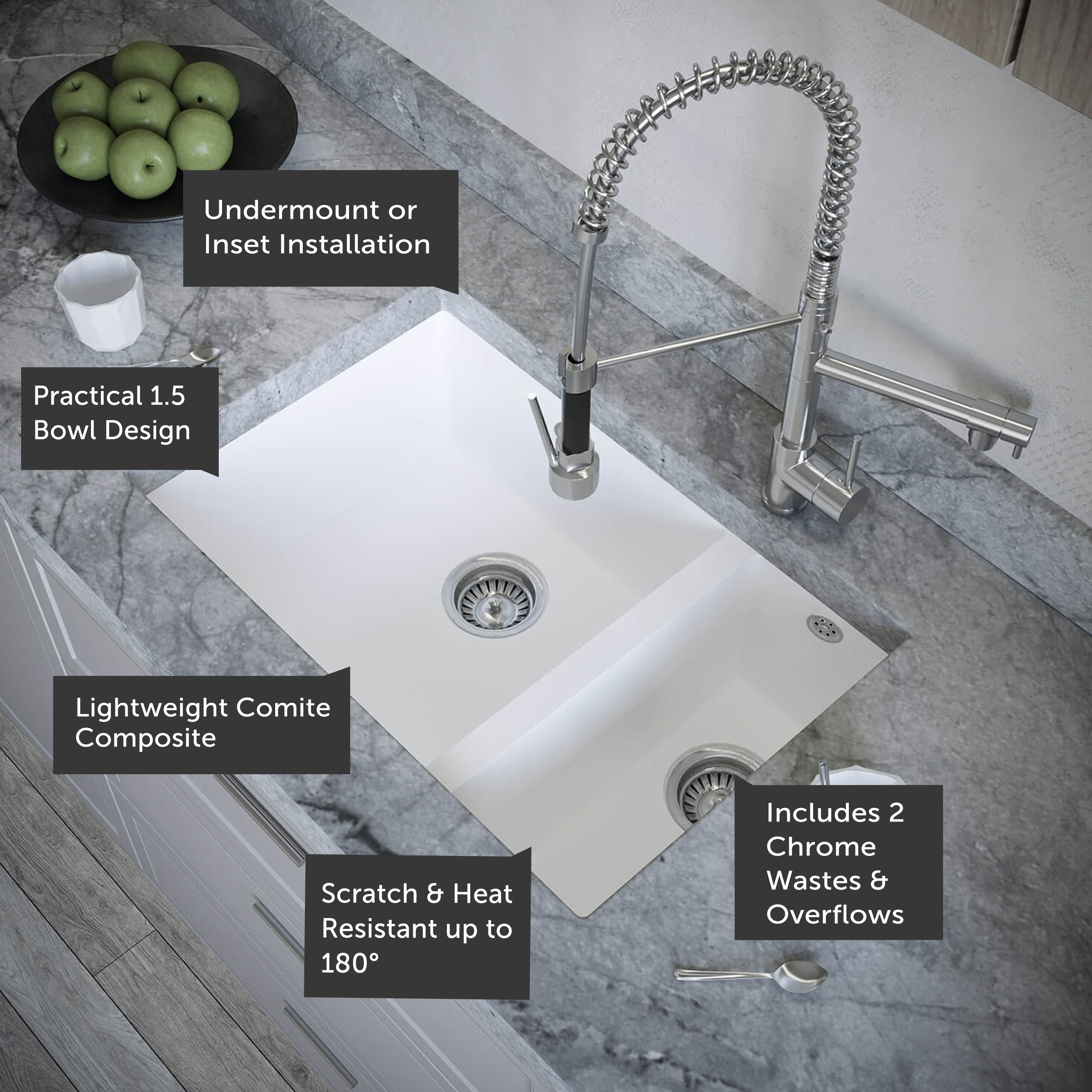 Vellamo Designer 1.5 Bowl Comite Composite Inset/Undermount Kitchen Sink & Waste - 670 x 440mm
