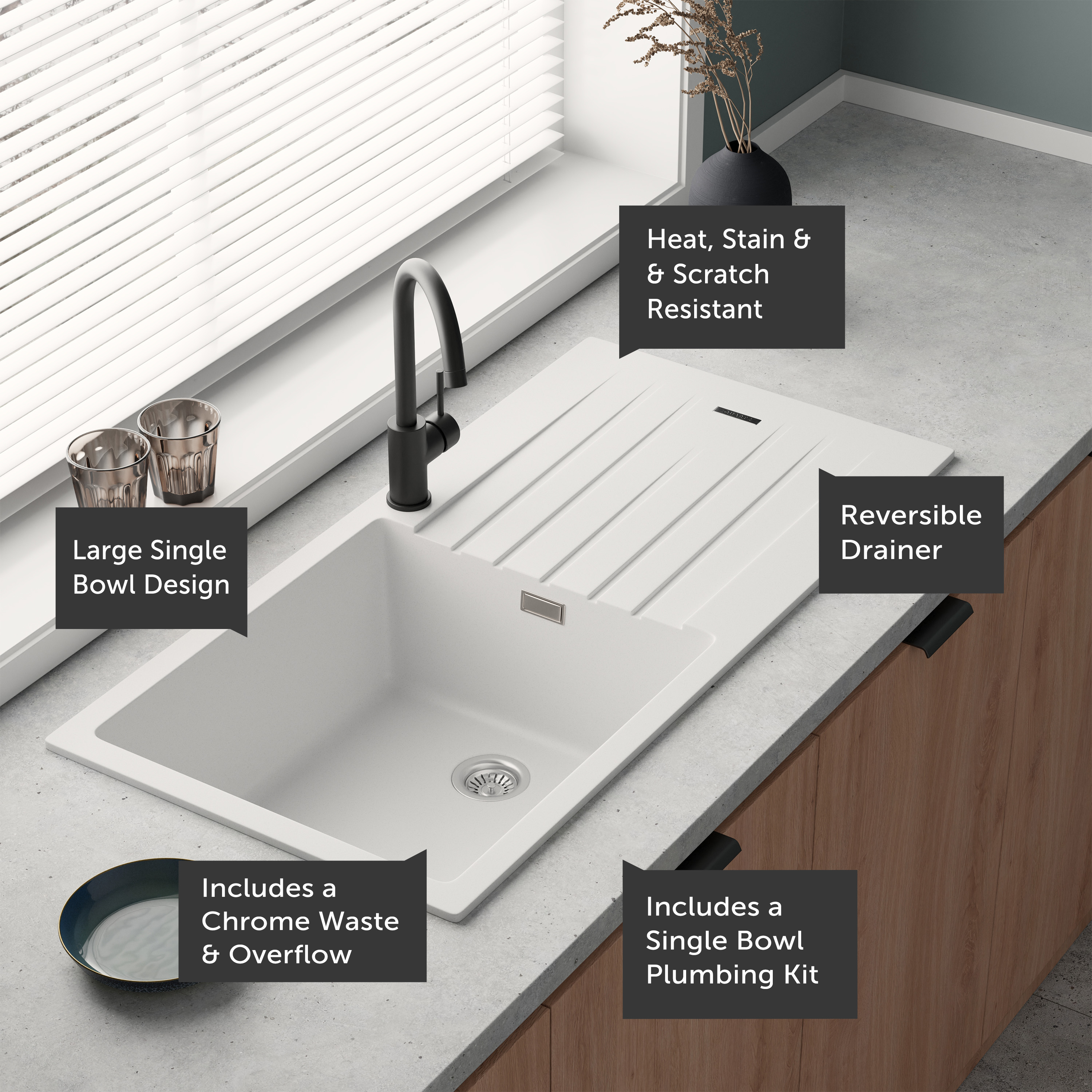 Vellamo Horizon Large Single Bowl Granite Composite Kitchen Sink & Waste - 1000 x 500mm