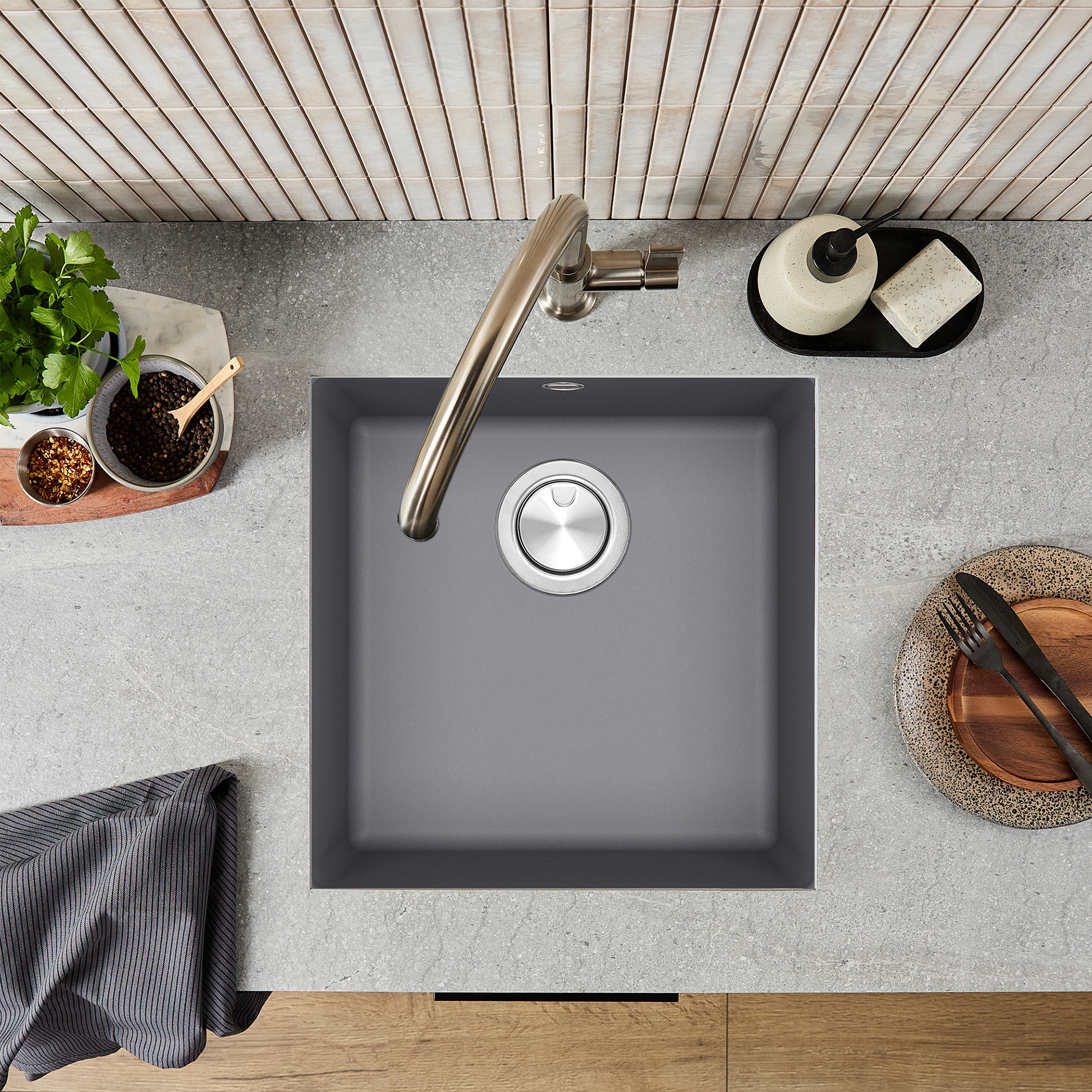 Clearwater Lumen 1 Bowl Granite Composite Inset/Undermount Kitchen Sink - 450 x 450mm
