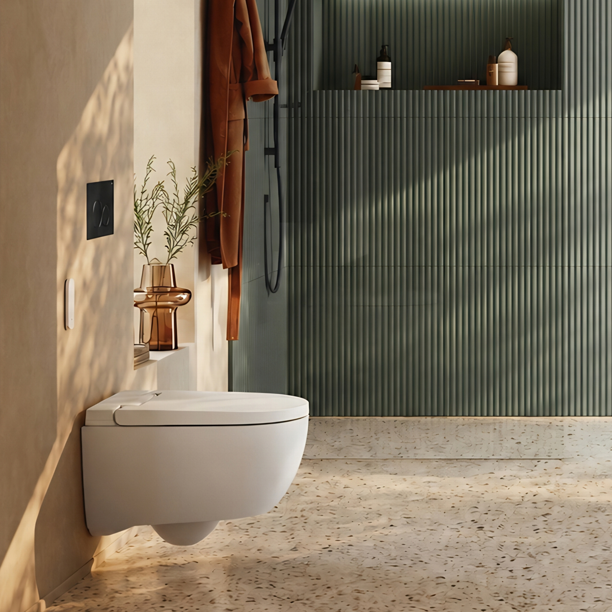 Geberit AquaClean Alba Rimless Wall Hung Smart Toilet with Wrap Over Soft Close Seat & Remote Control