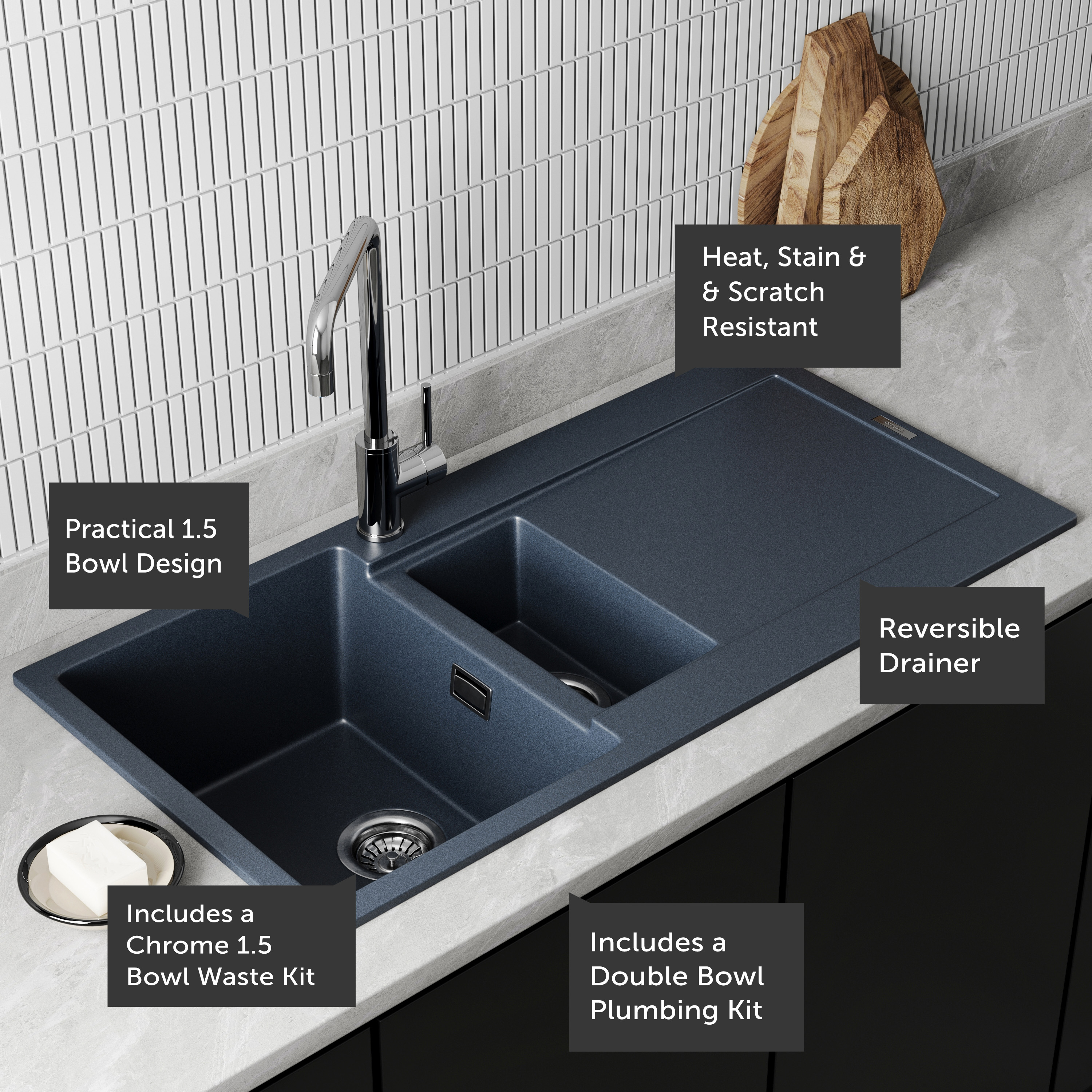Vellamo Rocca 1.5 Bowl Granite Composite Inset Kitchen Sink & Waste - 1000 x 500mm