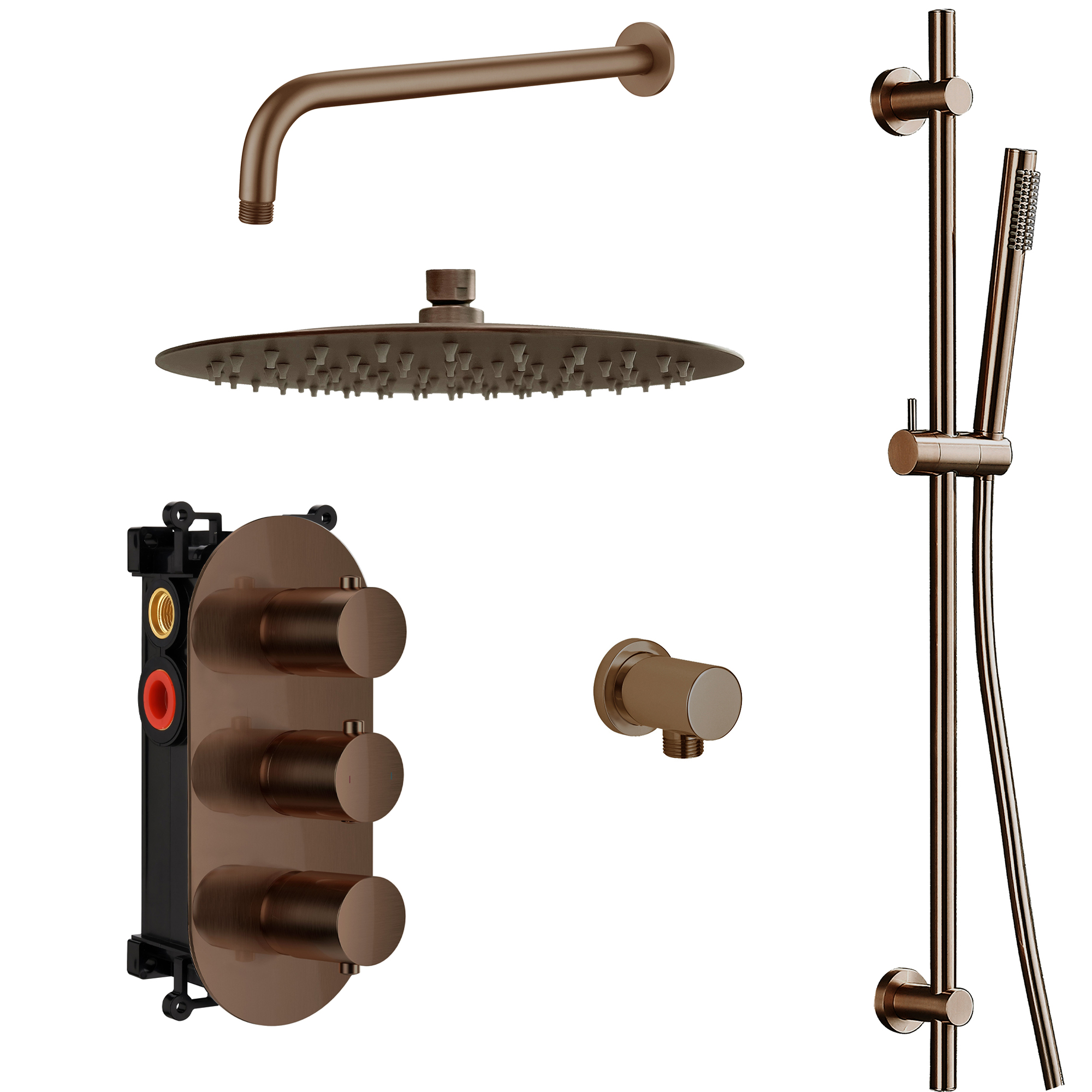 Harbour Clarity Brushed Bronze Shower Package with 2 Outlet Valve, Fixed Head & Wall Mounted Arm and Slide Rail Shower Kit