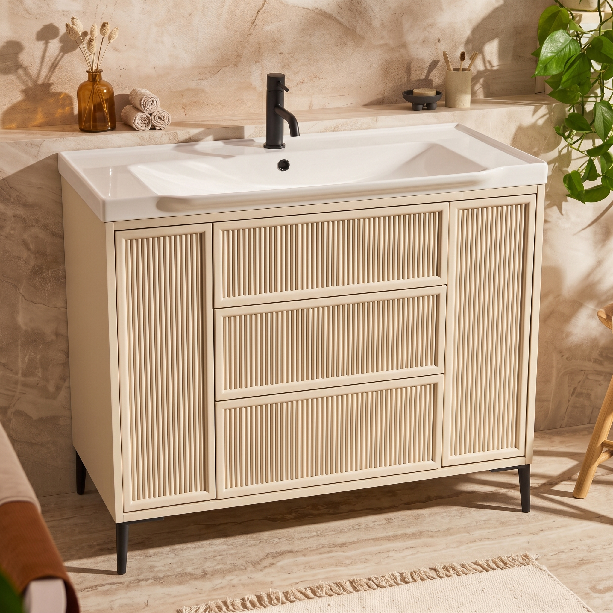 Elara 1000mm Floorstanding Stone Fluted Vanity Unit & Basin with Leg Set