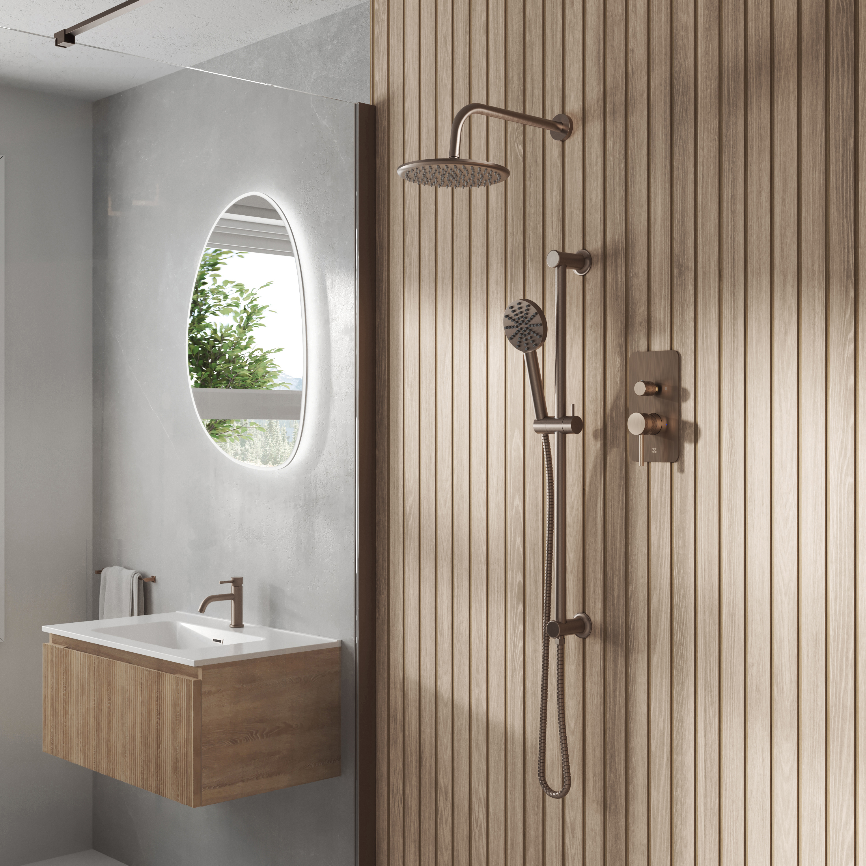 Core Shower Package with 2 Outlet Manual Valve, Fixed Wall Mounted Shower Head & Fluted Handset Slide Rail Kit