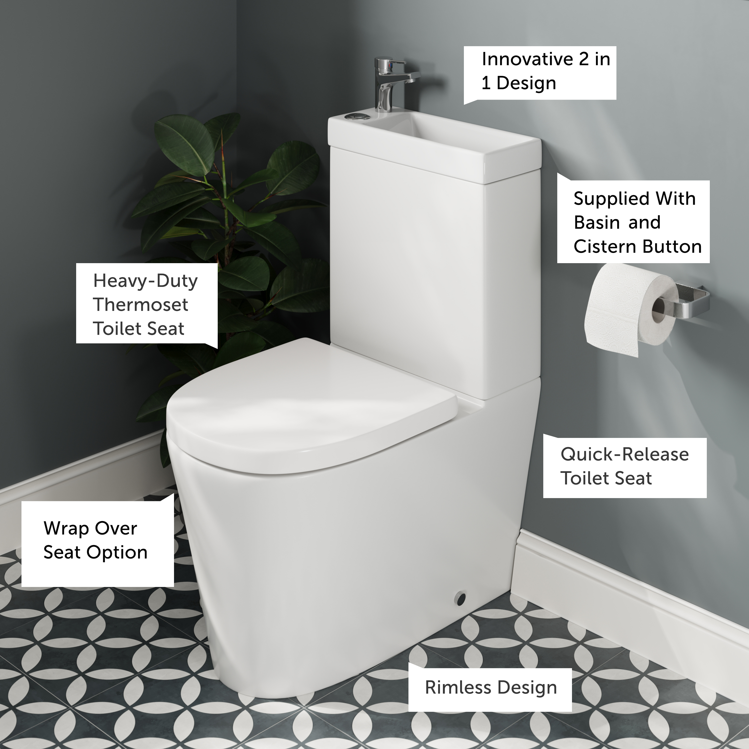 Harbour Clarity 2 in 1 Wash Basin & Comfort Height Toilet with Soft Close Seat