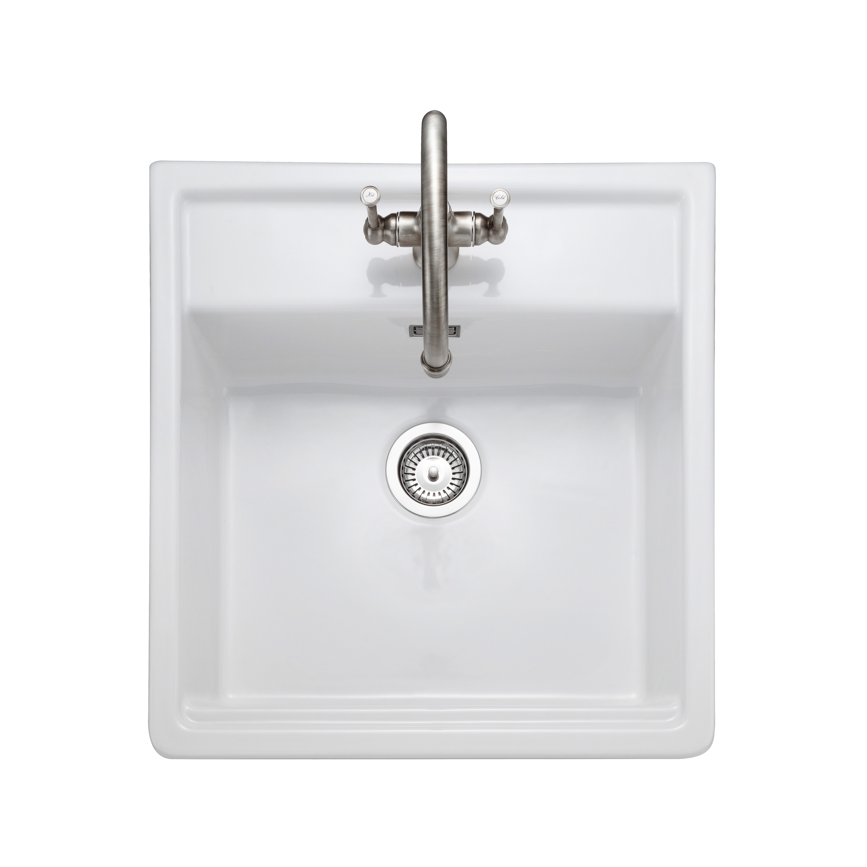 Rangemaster Sandwood 1 Bowl White Fireclay Ceramic Sit-On Belfast Sink With Tap Ledge & Waste Kit - 597 x 630mm