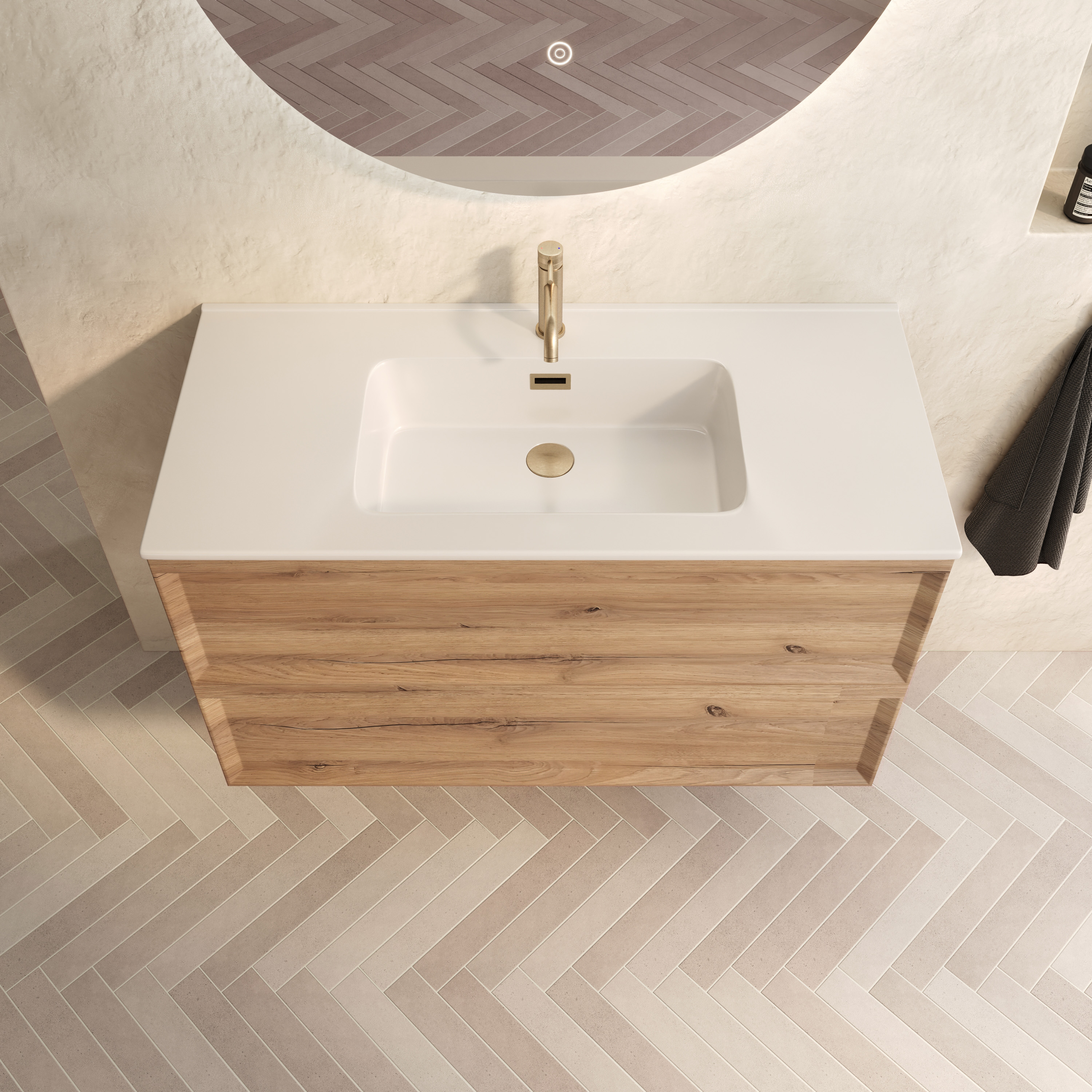 Aura 1000mm Wall Mounted Natural Oak Vanity Unit & Matt White Basin