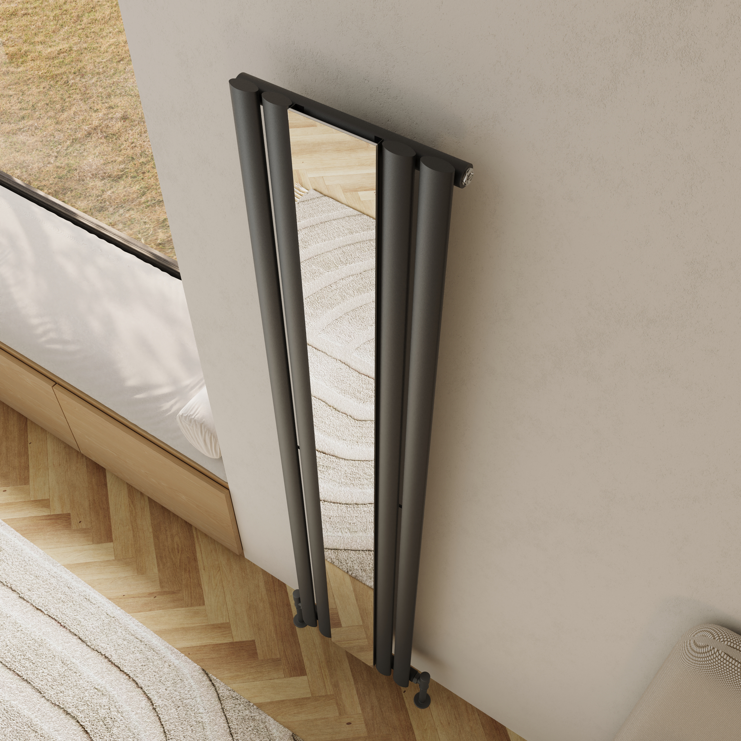 Toasty Echo Anthracite Grey Oval Single Panel Vertical Mirror Radiator - 1800 x 380mm