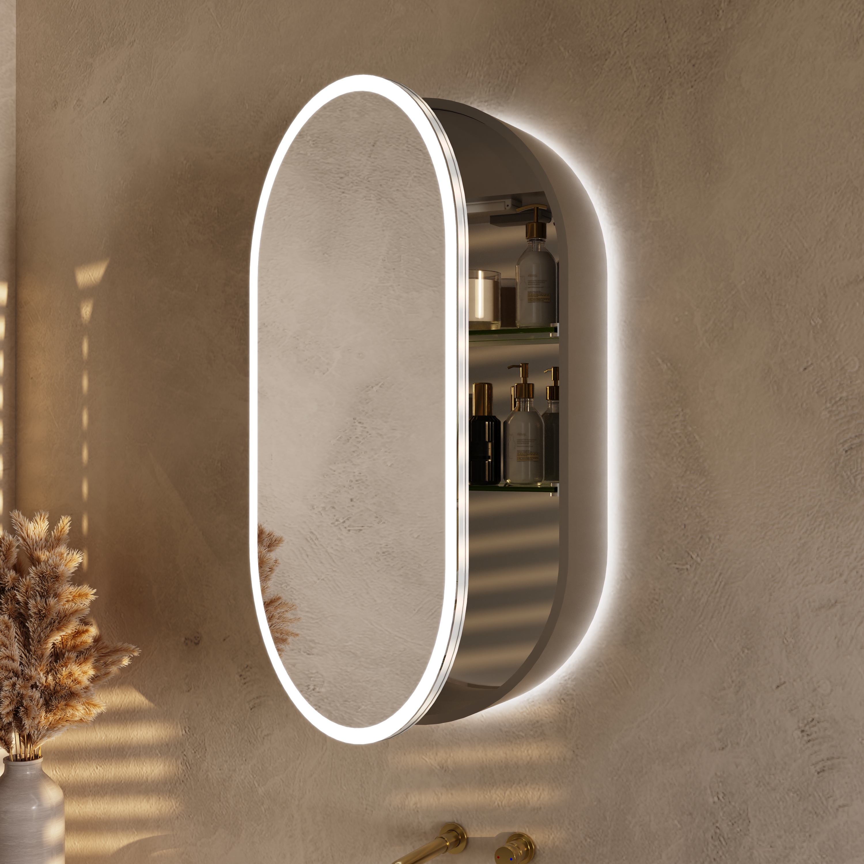 Billy LED Oval Mirrored Cabinet with Demister Pad, Shaver Socket & Colour Change Lights - 450 x 800mm