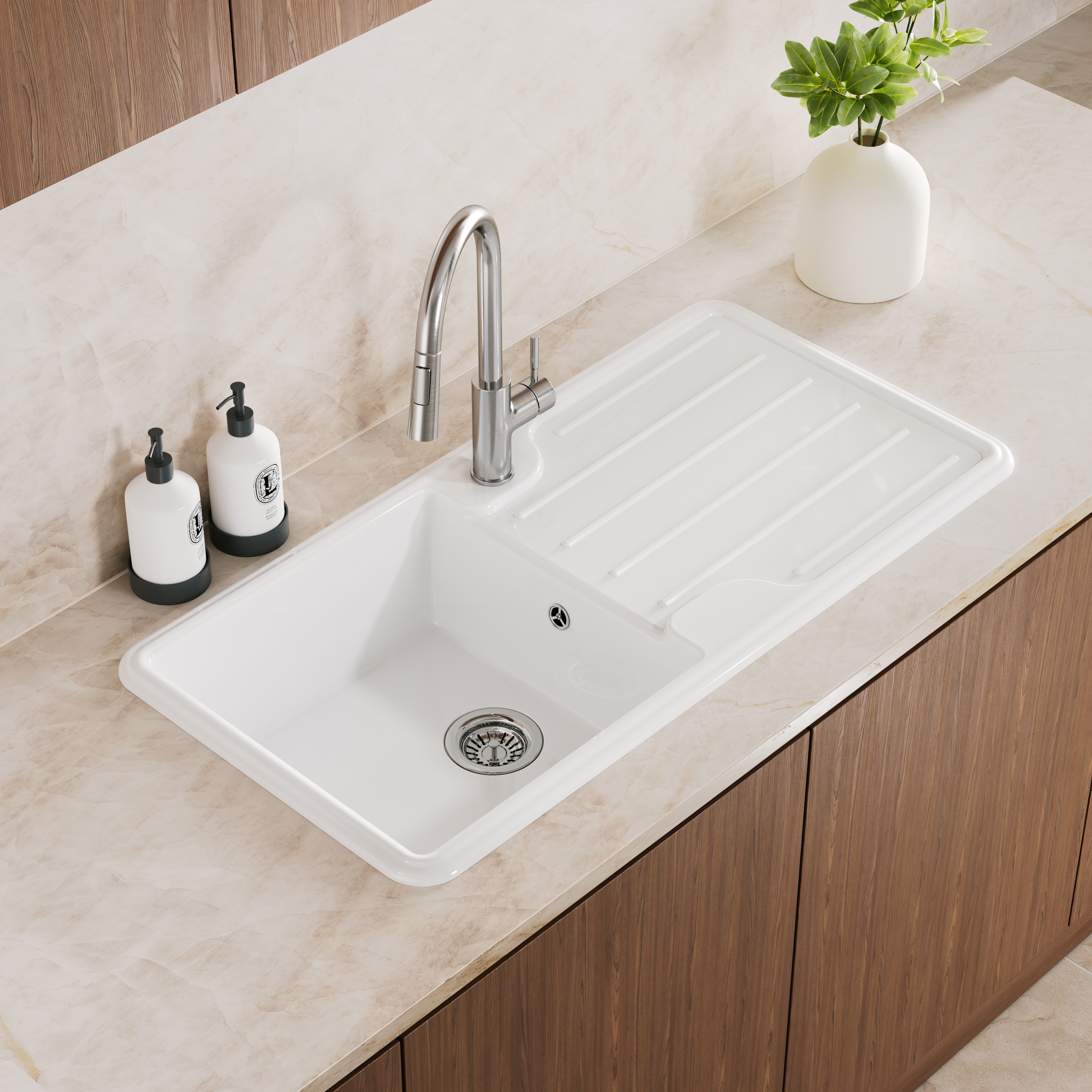 Vellamo Designer 1 Bowl Gloss White Traditional Comite Composite Inset Sink & Basket Strainer Waste - 1000 x 500mm
