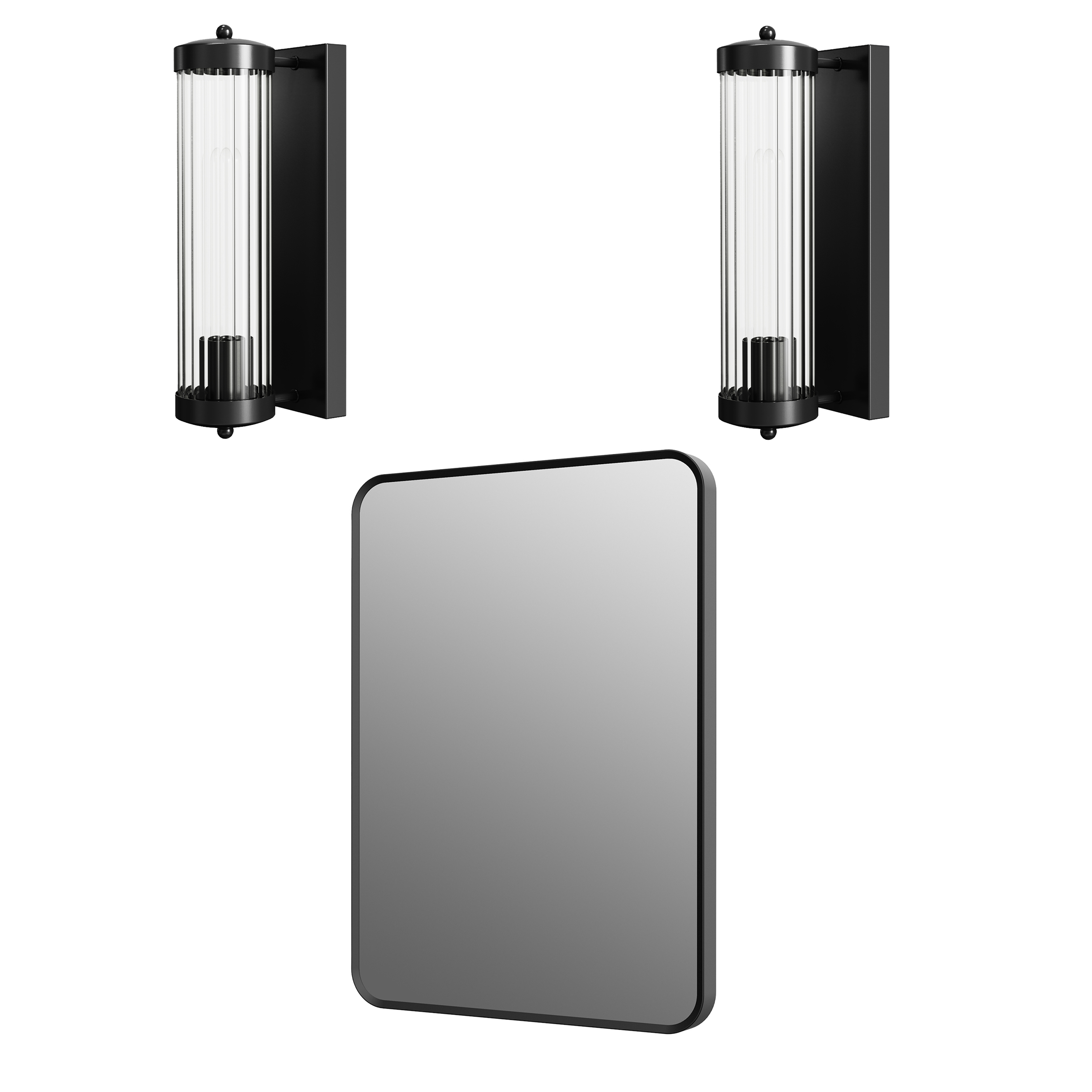 Finn Matt Black Framed Mirror with Set Of 2 Fluted Lantern Wall Lights