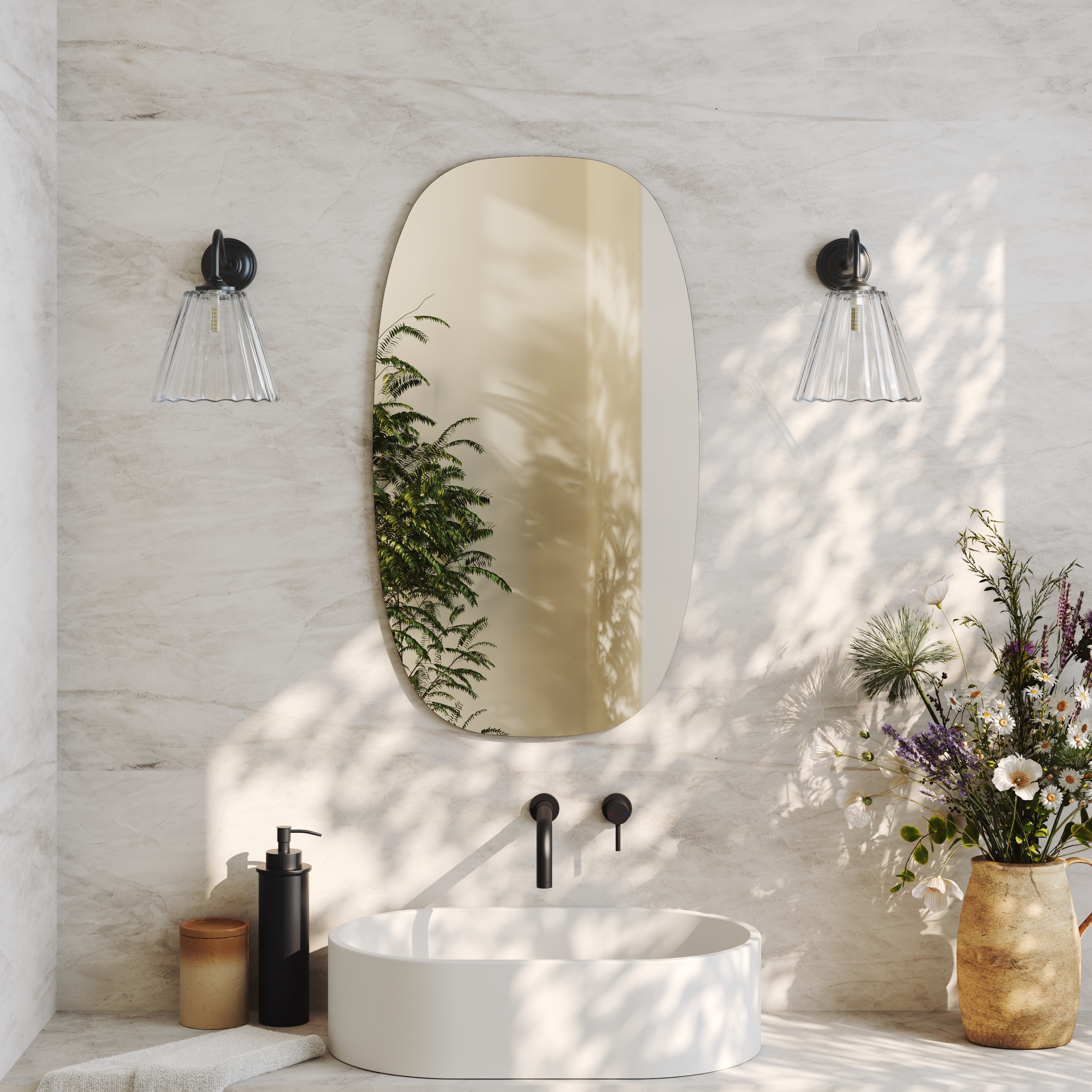 Arc Barrel Mirror with Set Of 2 Fluted Glass Wall Shade Lights
