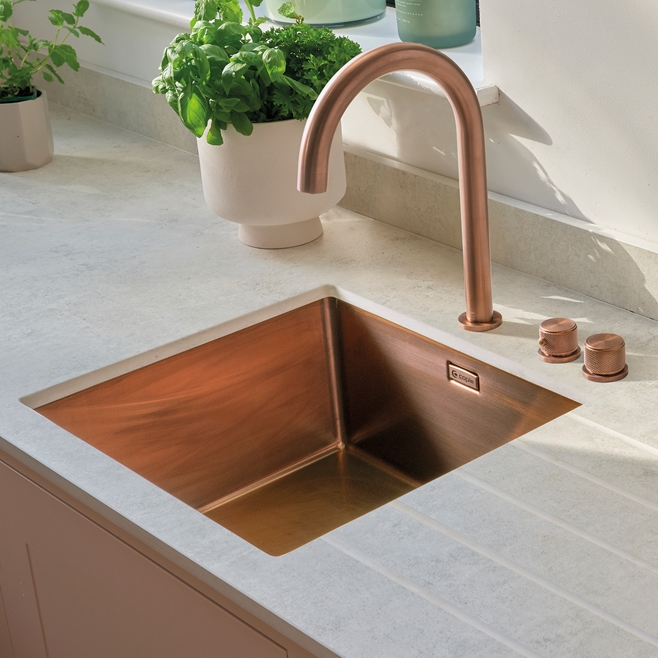 Caple Mode 1 Bowl Inset or Undermount Copper Brushed Stainless Steel Sink & Waste Kit - 490 x 440mm