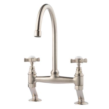 Clearwater Cottage Twin Crosshead Bridge Sink Mixer with Swivel Spout - Brushed Nickel