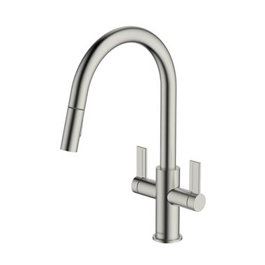 Clearwater Kira Twin Lever Mono Pull Out Kitchen Mixer - Brushed Nickel
