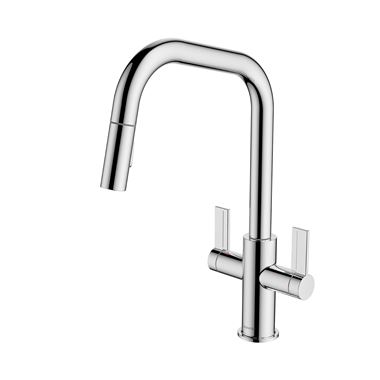 Clearwater Kira Twin Lever U Spout Mono Pull Out Kitchen Mixer - Polished Chrome