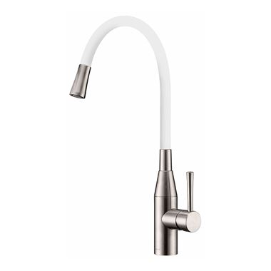 Clearwater Morpho Mono Kitchen Mixer with 'Flex & Stay' Swivel Spout - Brushed Nickel & White Hose