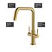 Clearwater Topaz Twin Lever Mono Kitchen Mixer with 'Twist & Spray' U Spout and Knurled Handles - Brushed Brass